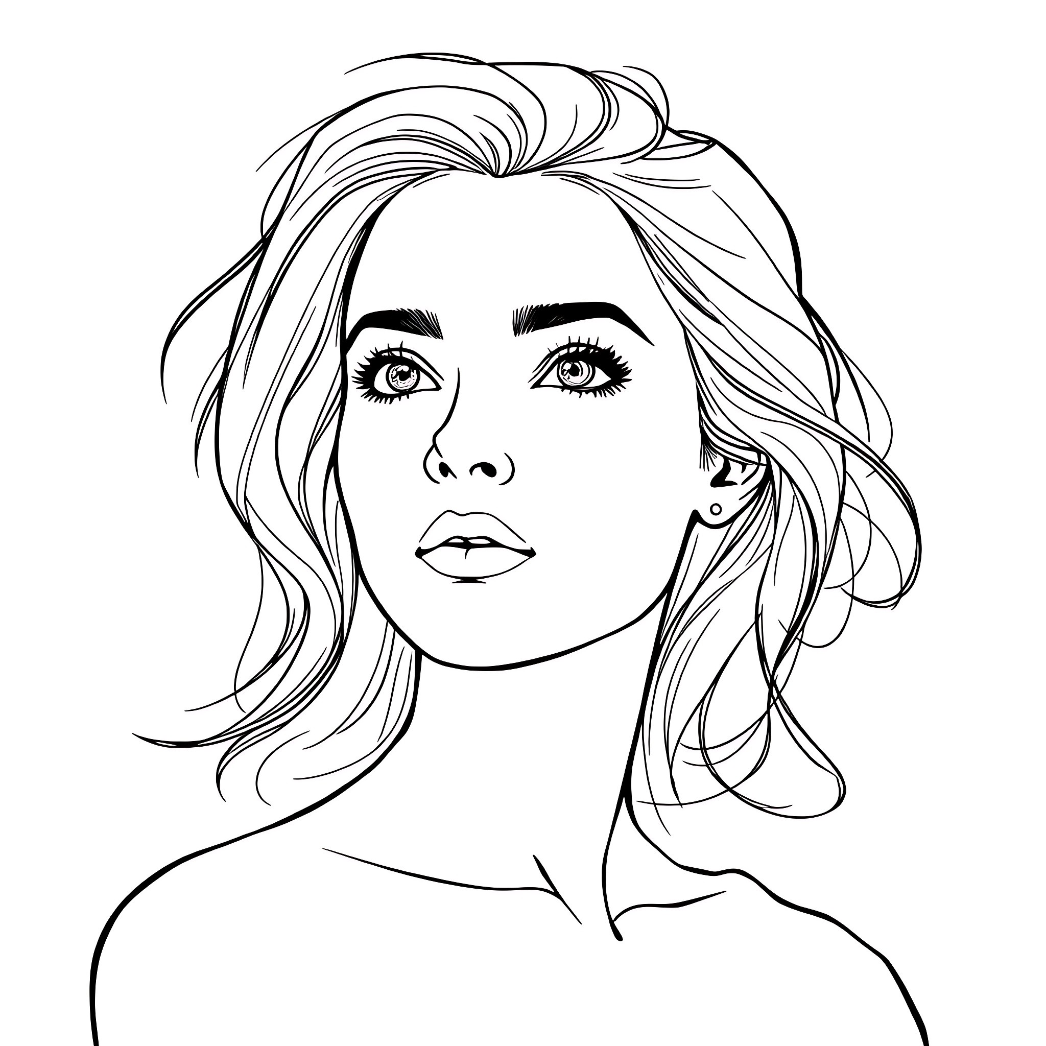 Woman with expressive eyes and wavy hair Coloring Page (free black-and-white line drawing printable PDF for all, from beginners to advanced learners, including children, teens, adults, and seniors)