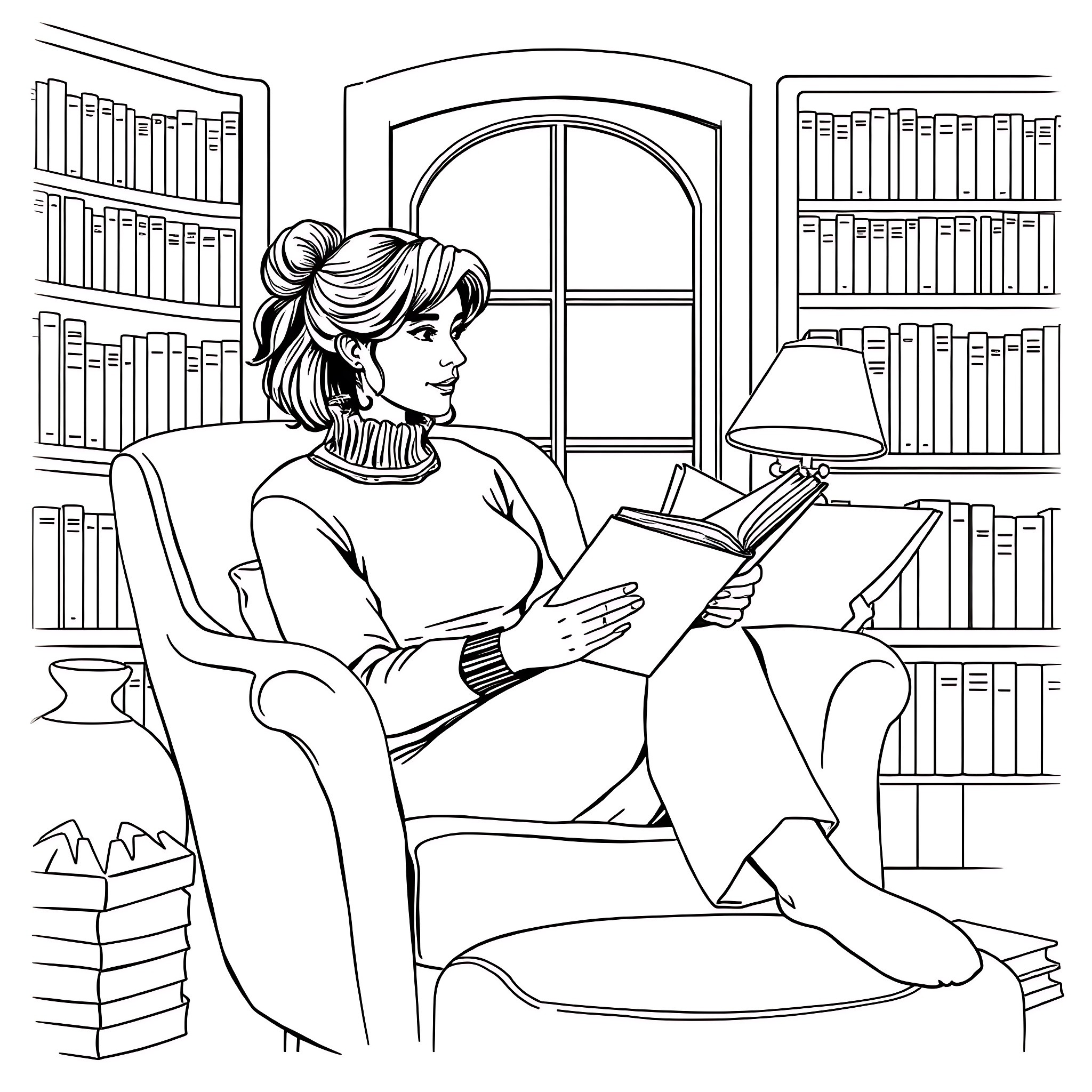 Woman reading a book in a cozy library Coloring Page (free black-and-white line drawing printable PDF for all, from beginners to advanced learners, including children, teens, adults, and seniors)