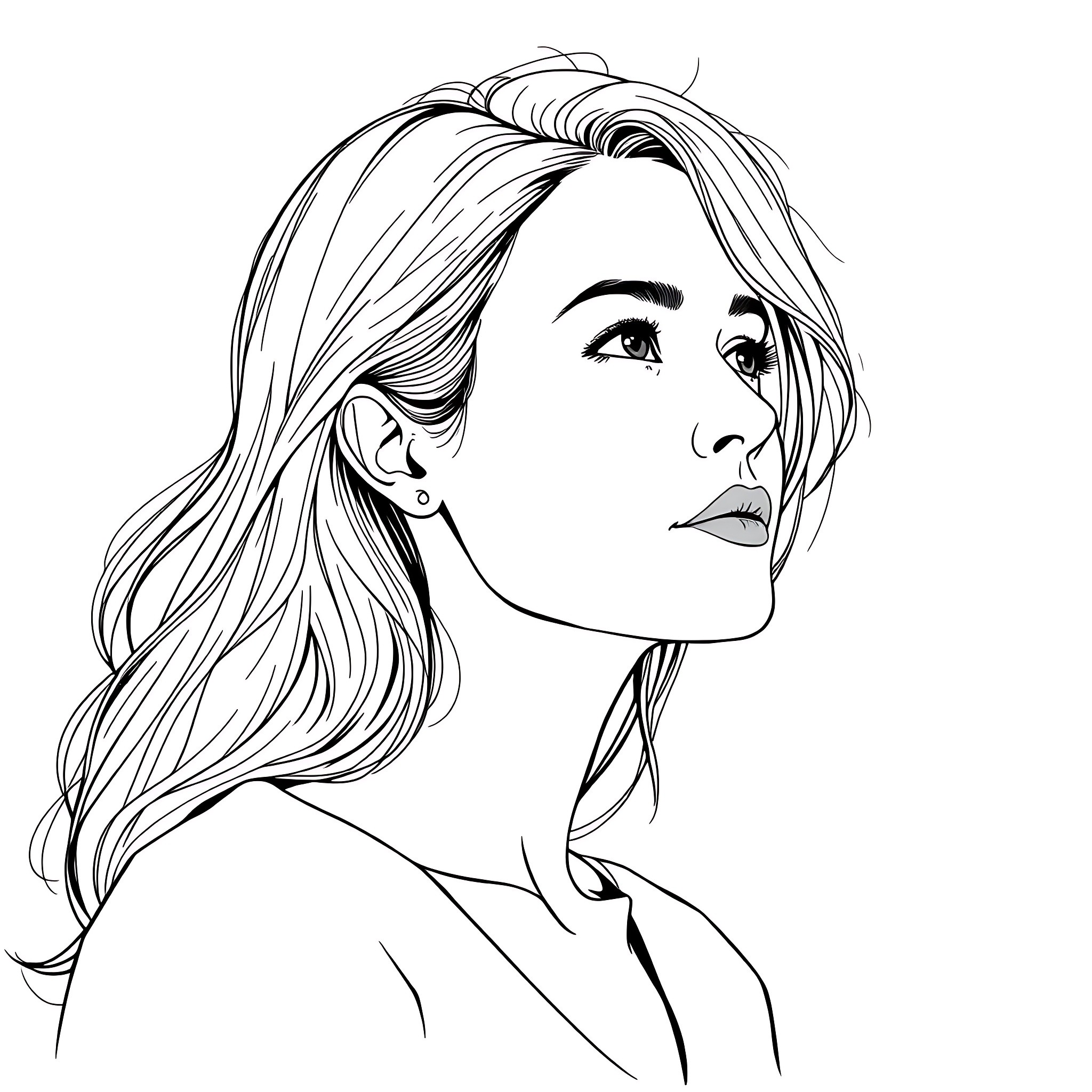 Woman with flowing hair and pensive expression Coloring Page (free black-and-white line drawing printable PDF for all, from beginners to advanced learners, including children, teens, adults, and seniors)