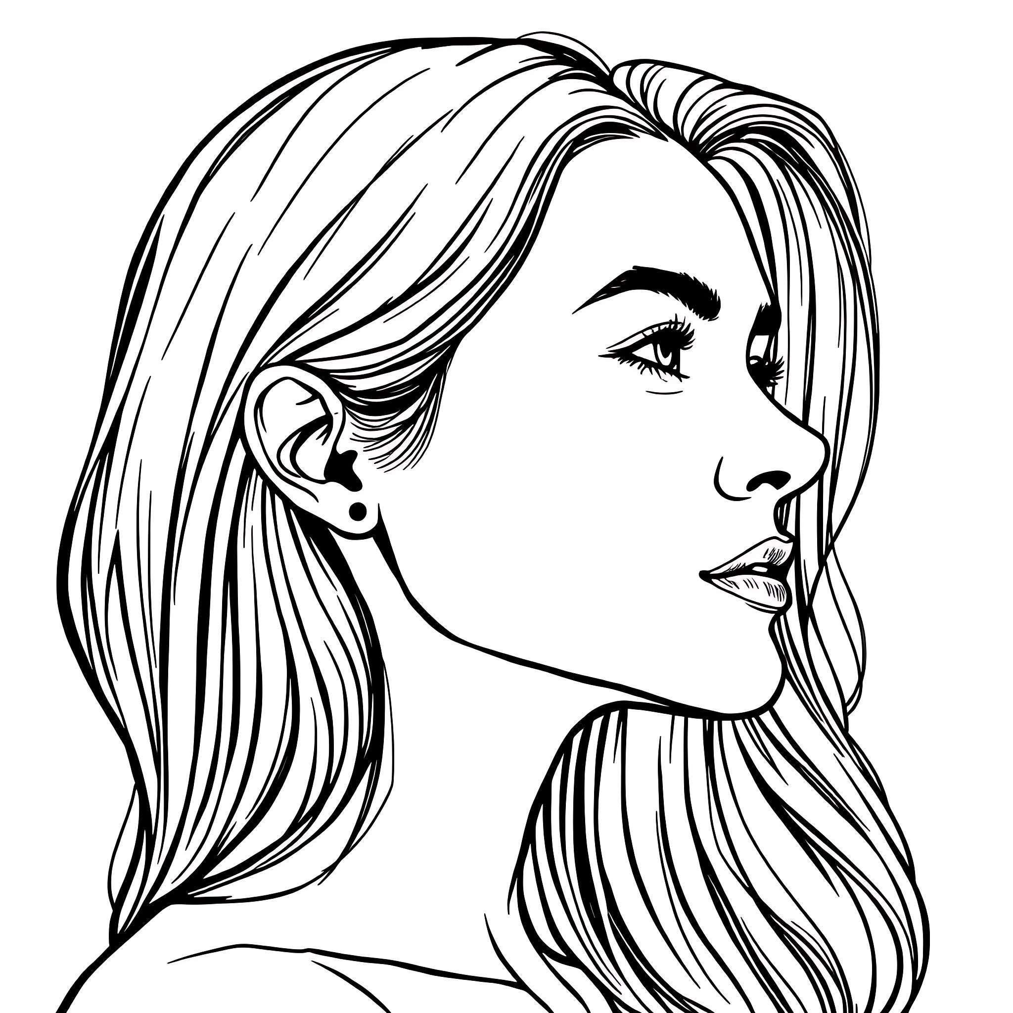 Woman with flowing long hair Coloring Page (free black-and-white line drawing printable PDF for all, from beginners to advanced learners, including children, teens, adults, and seniors)