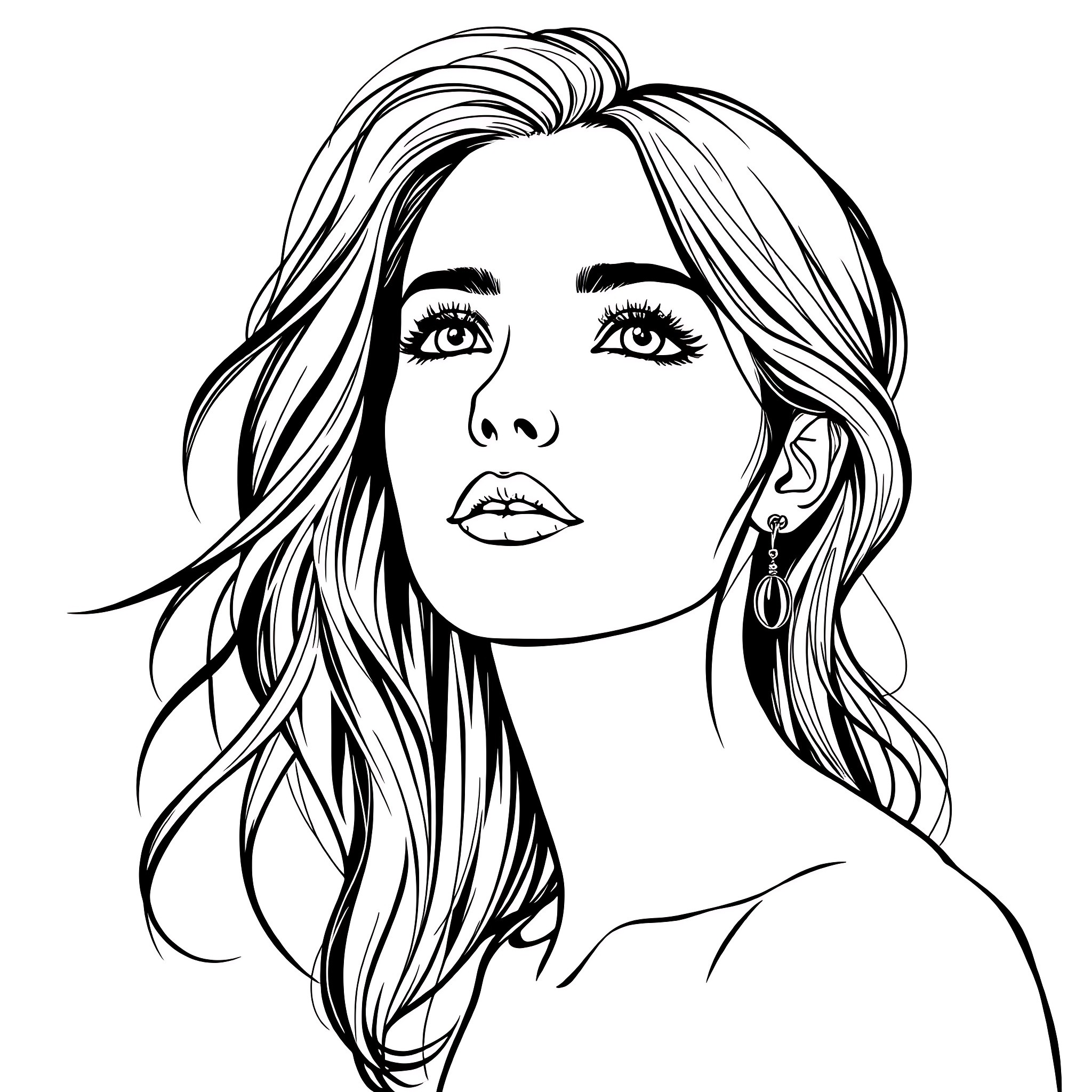 Woman with Flowing Hair and Expressive Features Coloring Page (free black-and-white line drawing printable PDF for all, from beginners to advanced learners, including children, teens, adults, and seniors)