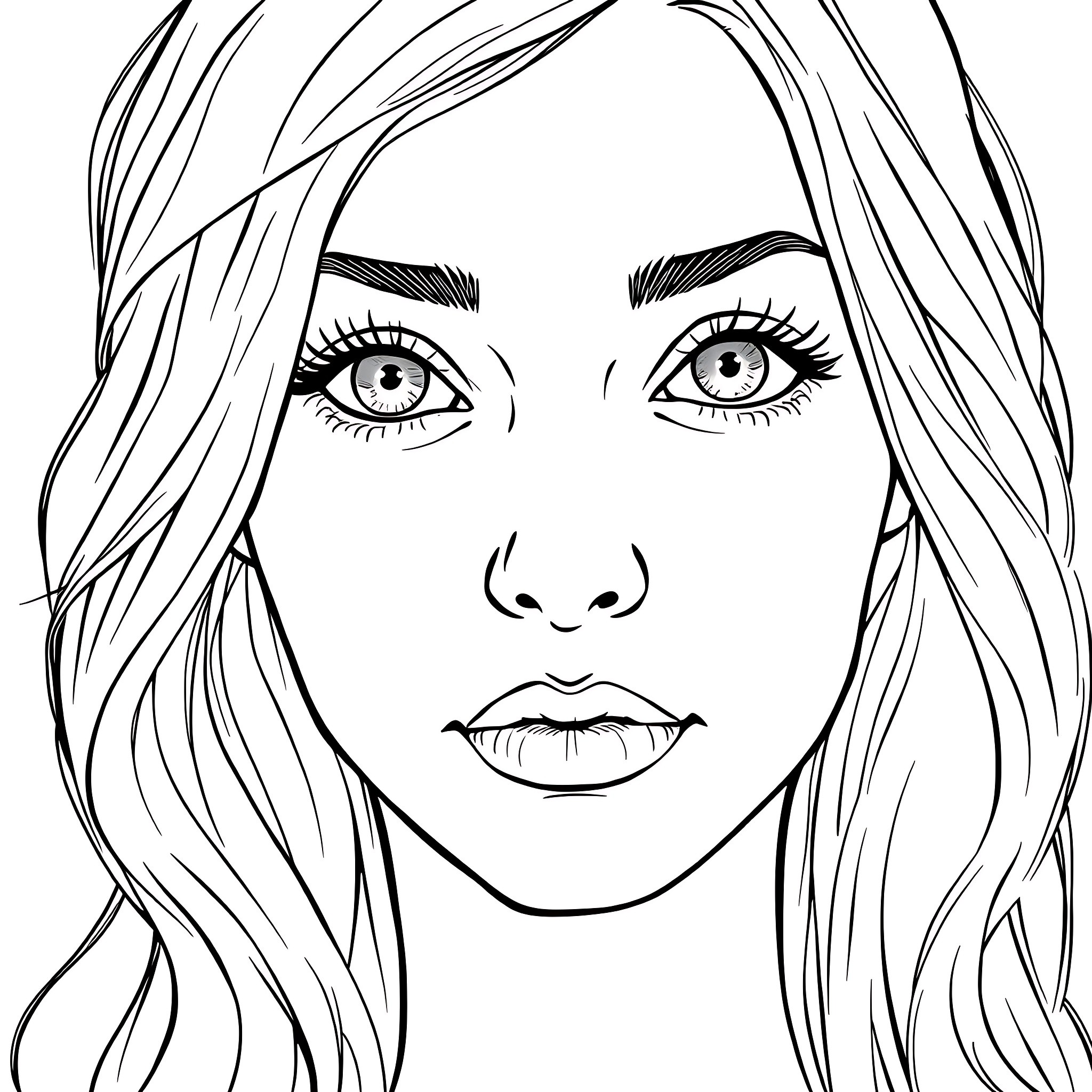 Woman with expressive facial features Coloring Page (free black-and-white line drawing printable PDF for all, from beginners to advanced learners, including children, teens, adults, and seniors)