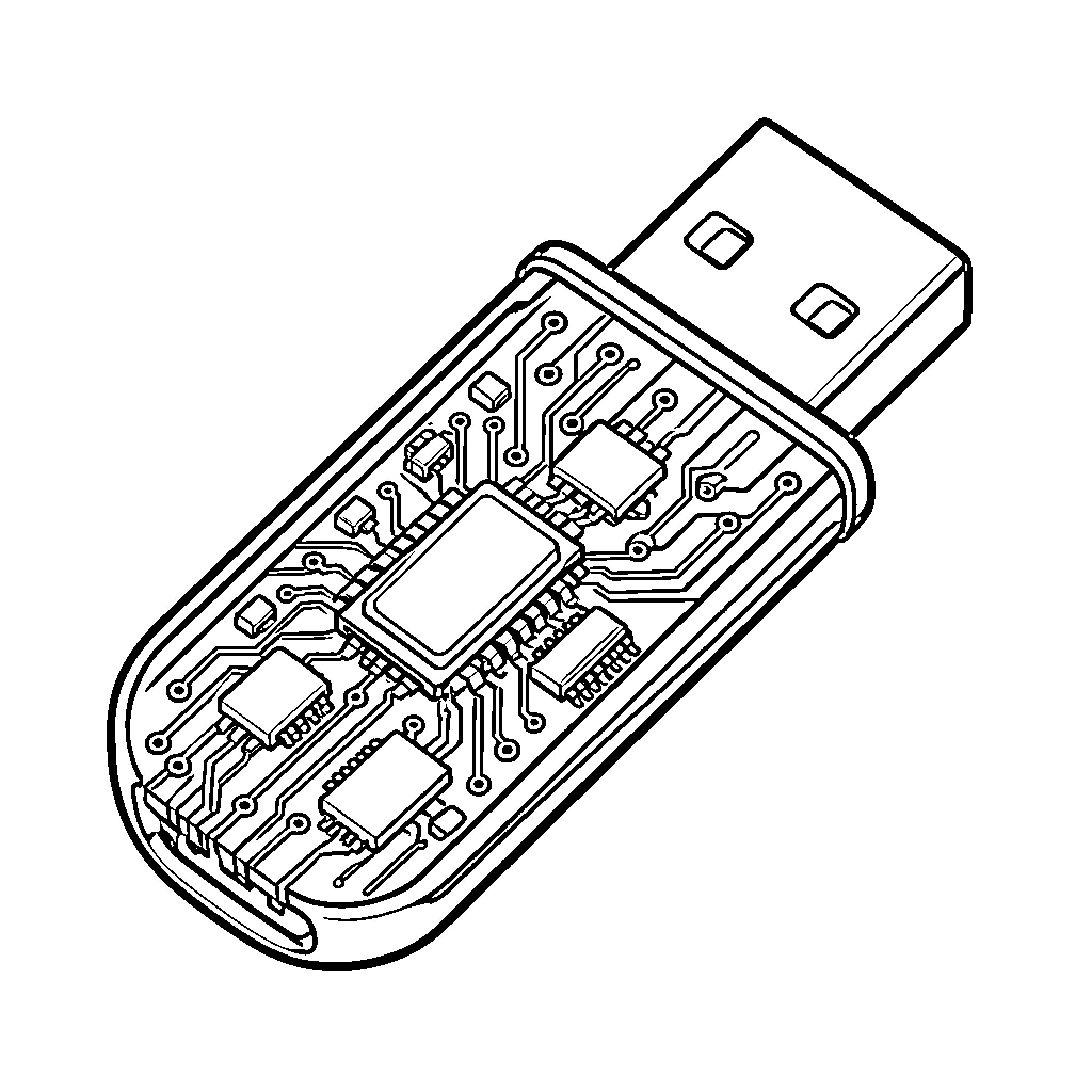 USB flash drive showing internal circuit board components Coloring Page (free black-and-white line drawing printable PDF for all, from beginners to advanced learners, including children, teens, adults, and seniors)