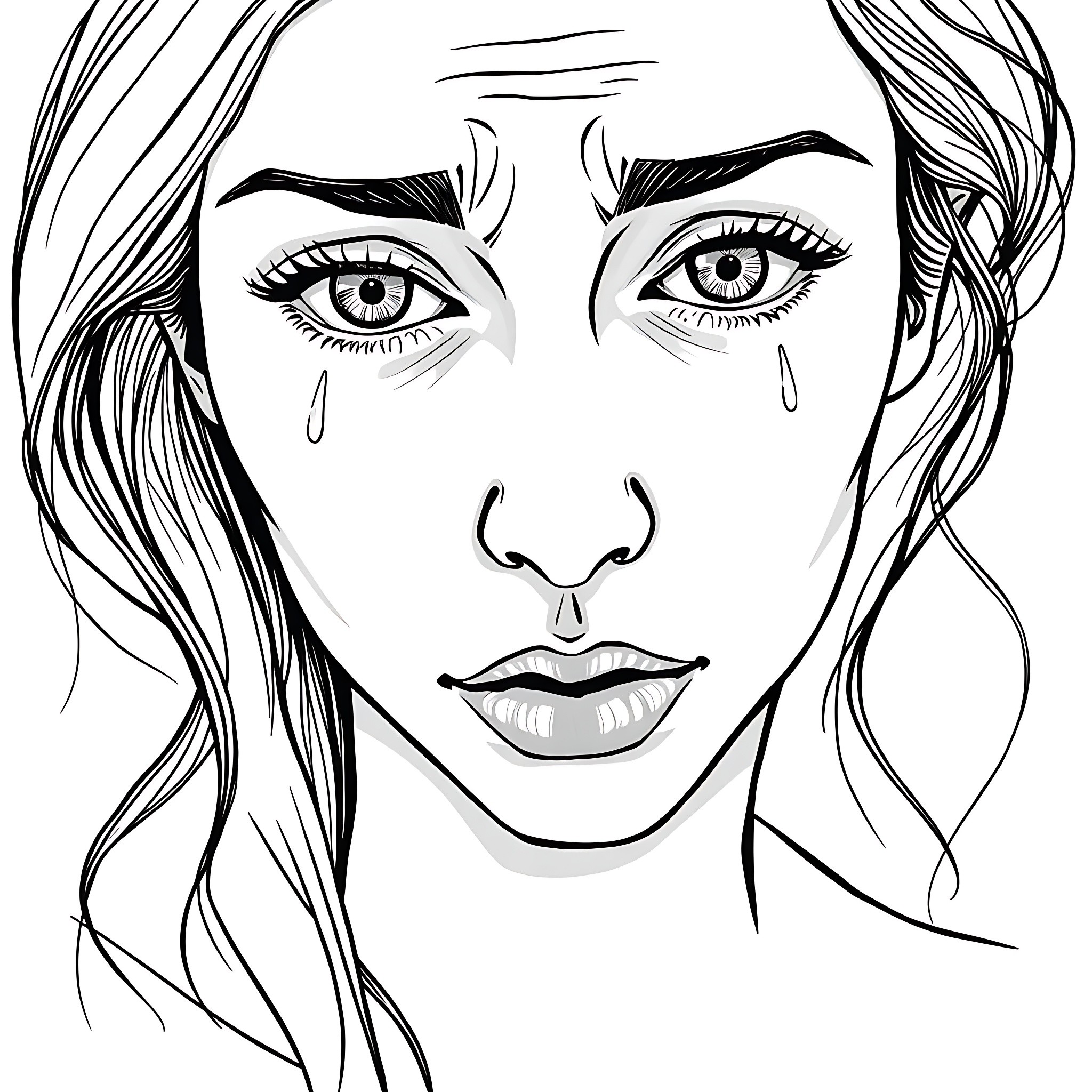Woman with Tears in Her Eyes Coloring Page (free black-and-white line drawing printable PDF for all, from beginners to advanced learners, including children, teens, adults, and seniors)