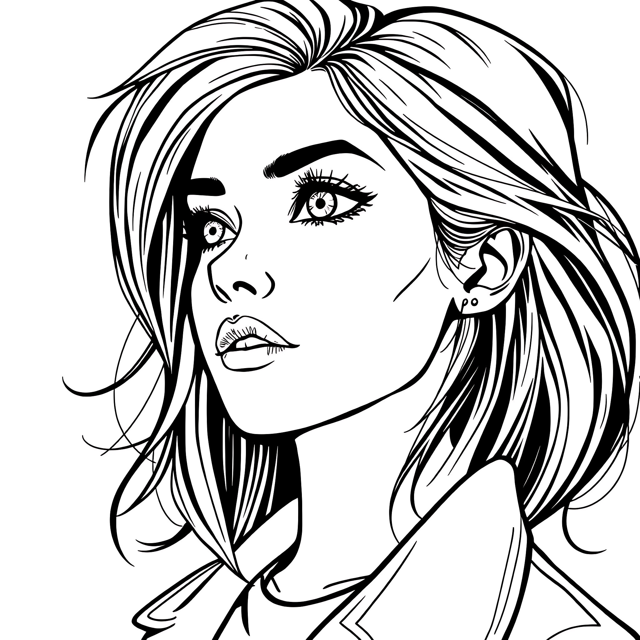 Woman with expressive features and flowing hair Coloring Page (free black-and-white line drawing printable PDF for all, from beginners to advanced learners, including children, teens, adults, and seniors)