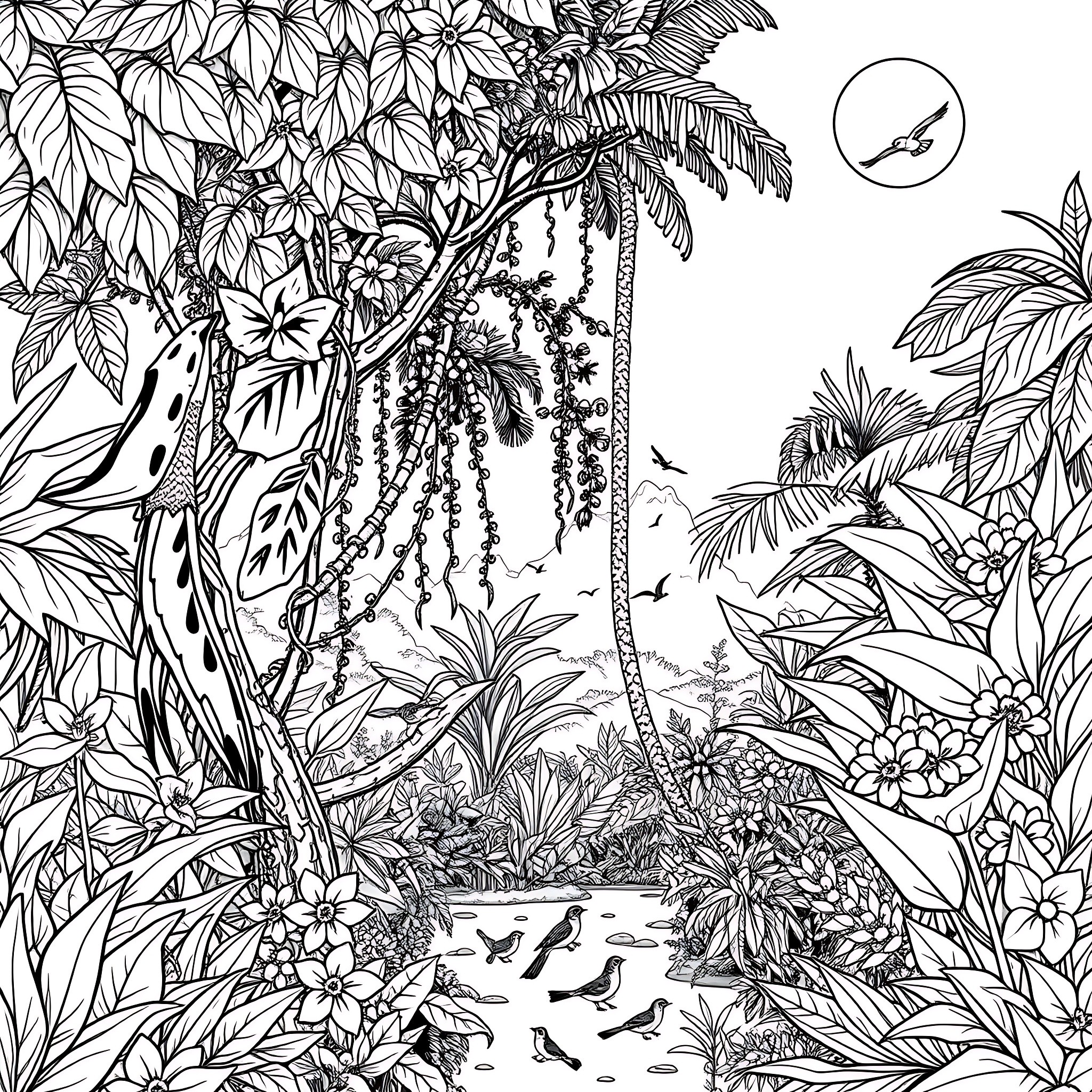 Jungle Landscape with Lush Foliage and Palm Trees Coloring Page (free black-and-white line drawing printable PDF for all, from beginners to advanced learners, including children, teens, adults, and seniors)