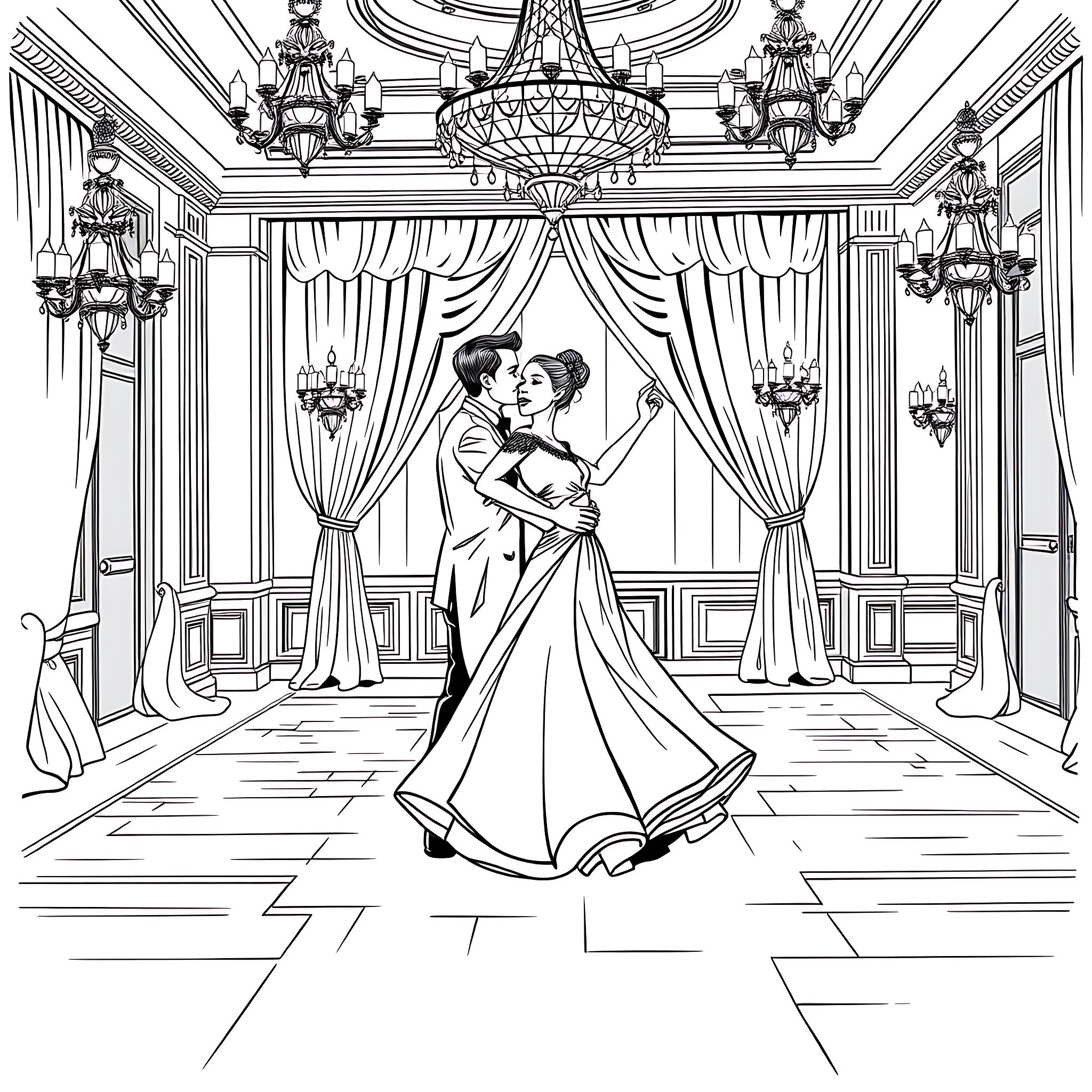 Man and Woman Dancing in Elegant Ballroom Coloring Page (free black-and-white line drawing printable PDF for all, from beginners to advanced learners, including children, teens, adults, and seniors)