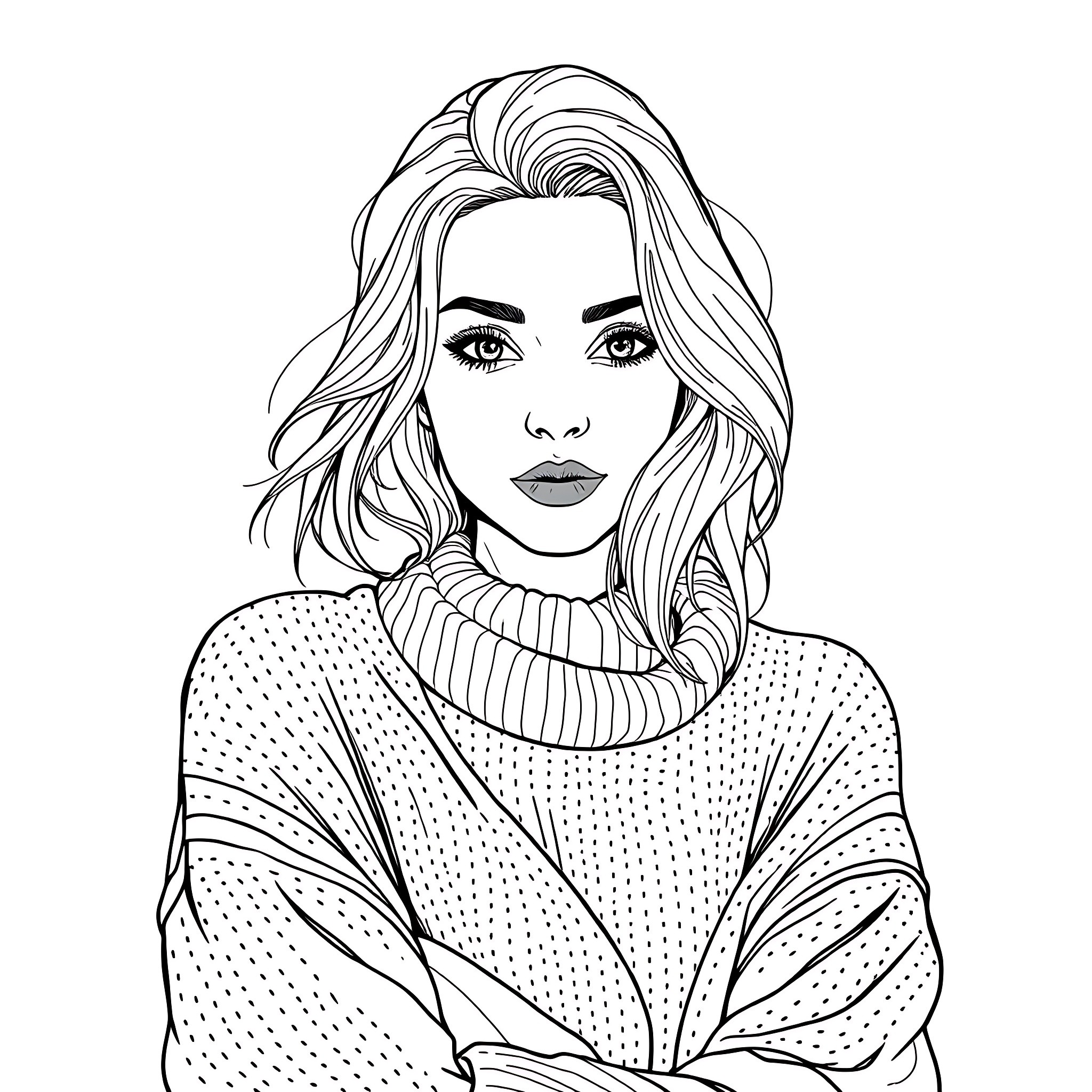 Woman in a cozy sweater with thoughtful expression Coloring Page (free black-and-white line drawing printable PDF for all, from beginners to advanced learners, including children, teens, adults, and seniors)