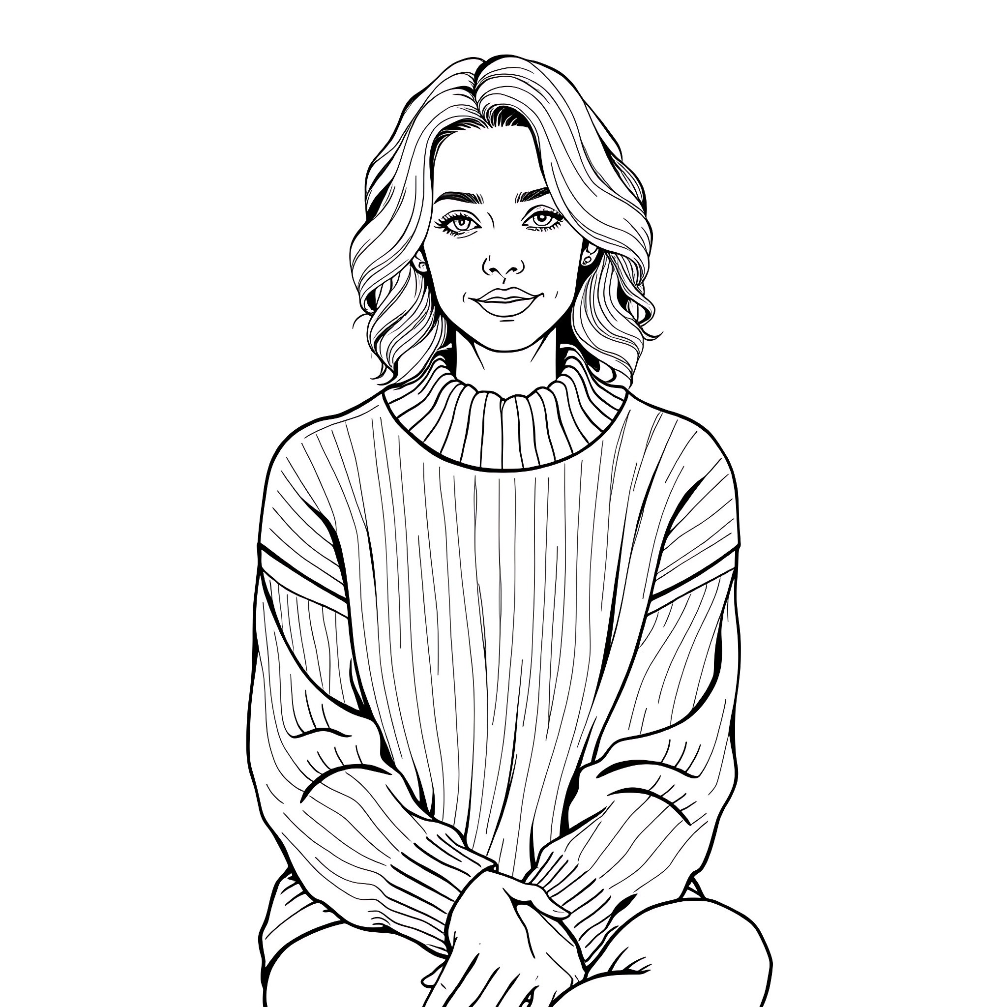 Woman wearing a cozy sweater Coloring Page (free black-and-white line drawing printable PDF for all, from beginners to advanced learners, including children, teens, adults, and seniors)