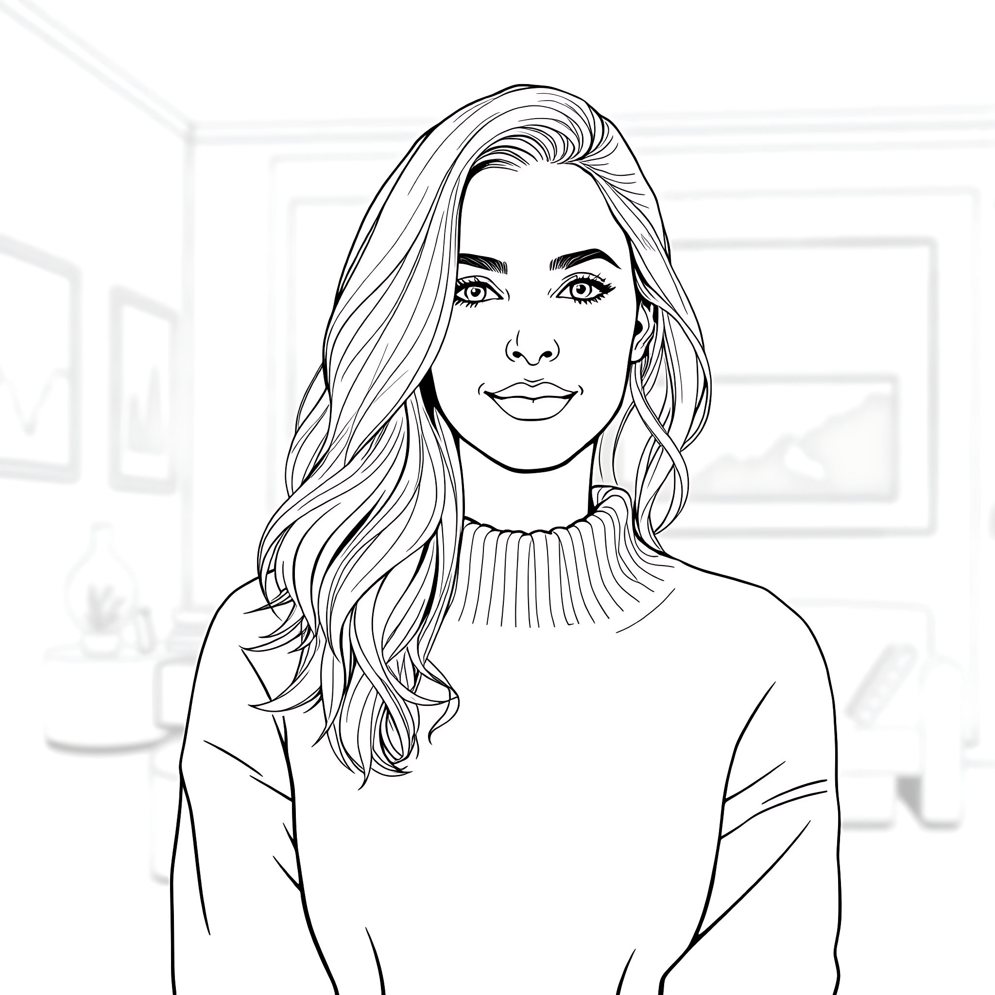 Woman with long hair in a cozy sweater Coloring Page (free black-and-white line drawing printable PDF for all, from beginners to advanced learners, including children, teens, adults, and seniors)