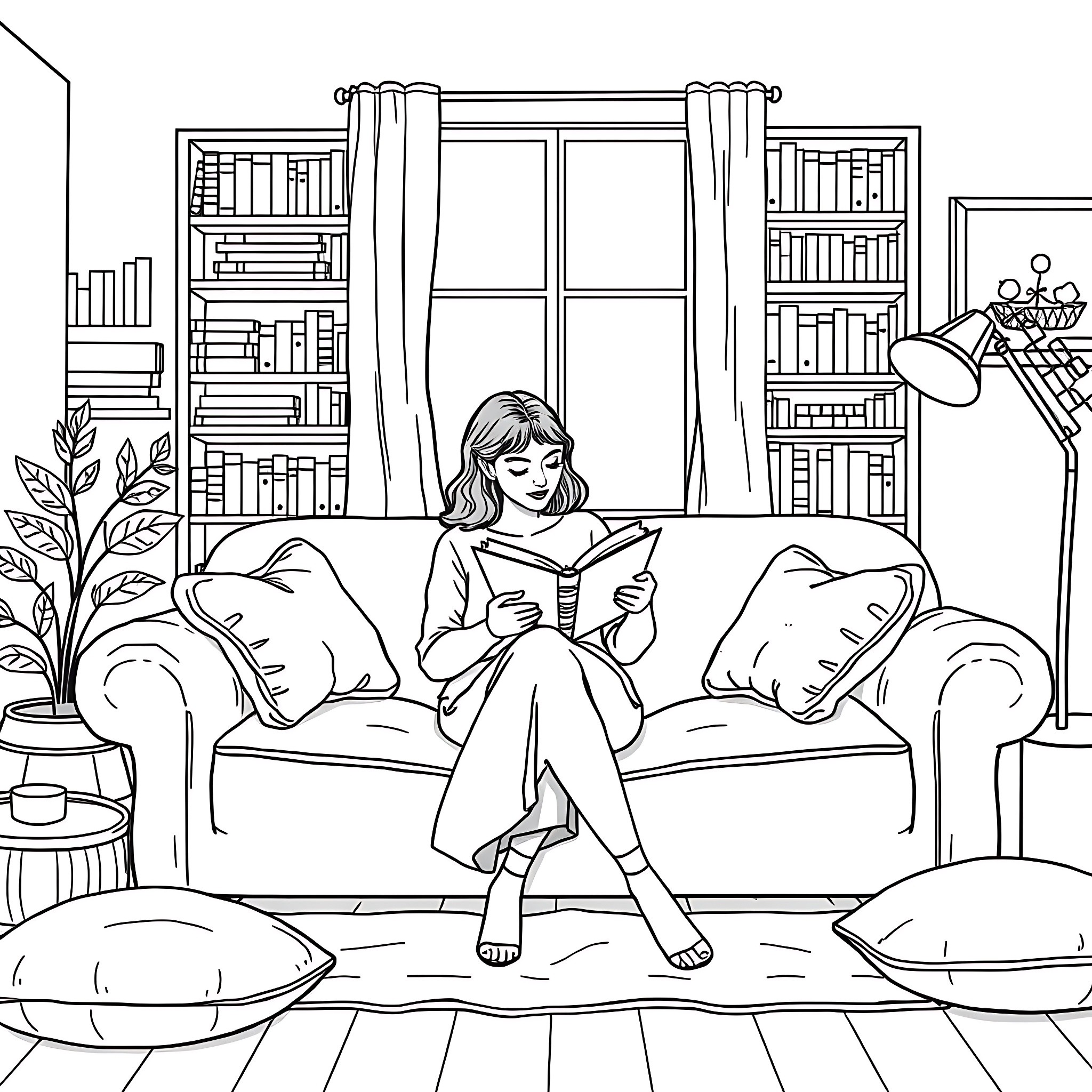 Woman reading a book in a cozy living room Coloring Page (free black-and-white line drawing printable PDF for all, from beginners to advanced learners, including children, teens, adults, and seniors)