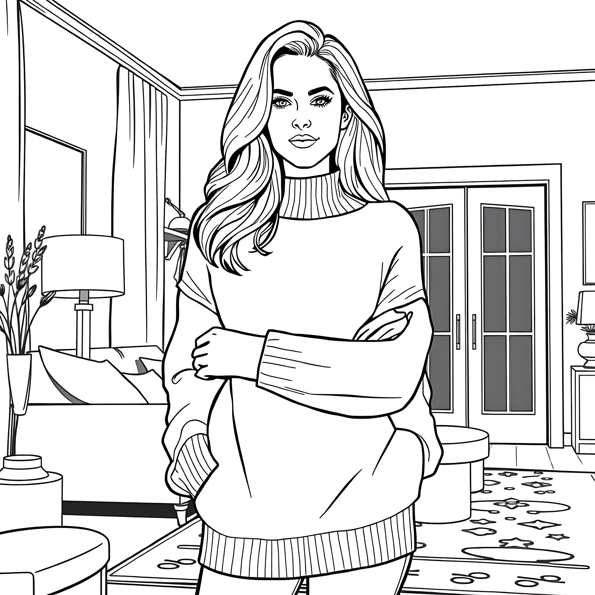 Woman in a cozy, stylish interior Coloring Page (free black-and-white line drawing printable PDF for all, from beginners to advanced learners, including children, teens, adults, and seniors)