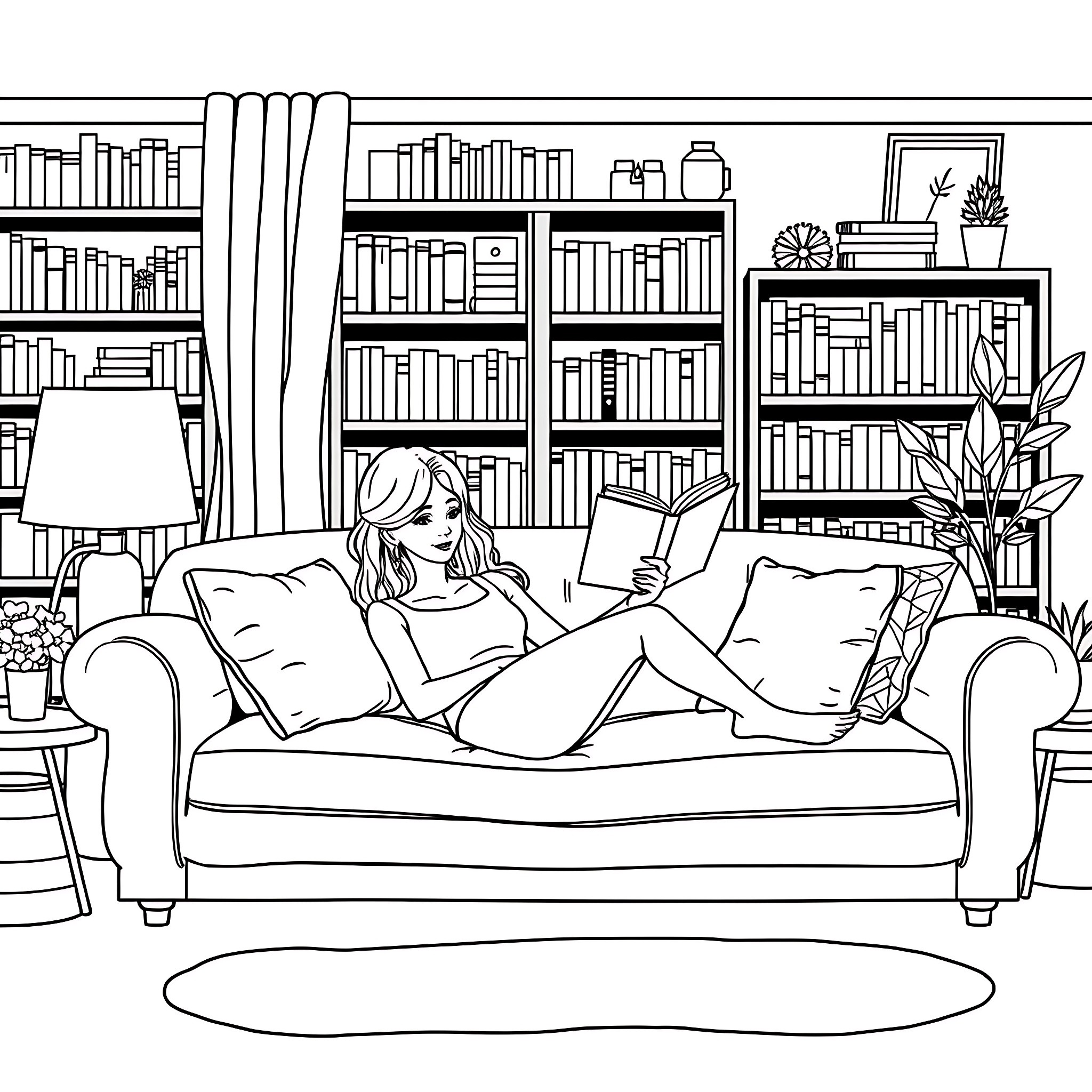 Woman relaxing on couch reading book in library Coloring Page (free black-and-white line drawing printable PDF for all, from beginners to advanced learners, including children, teens, adults, and seniors)