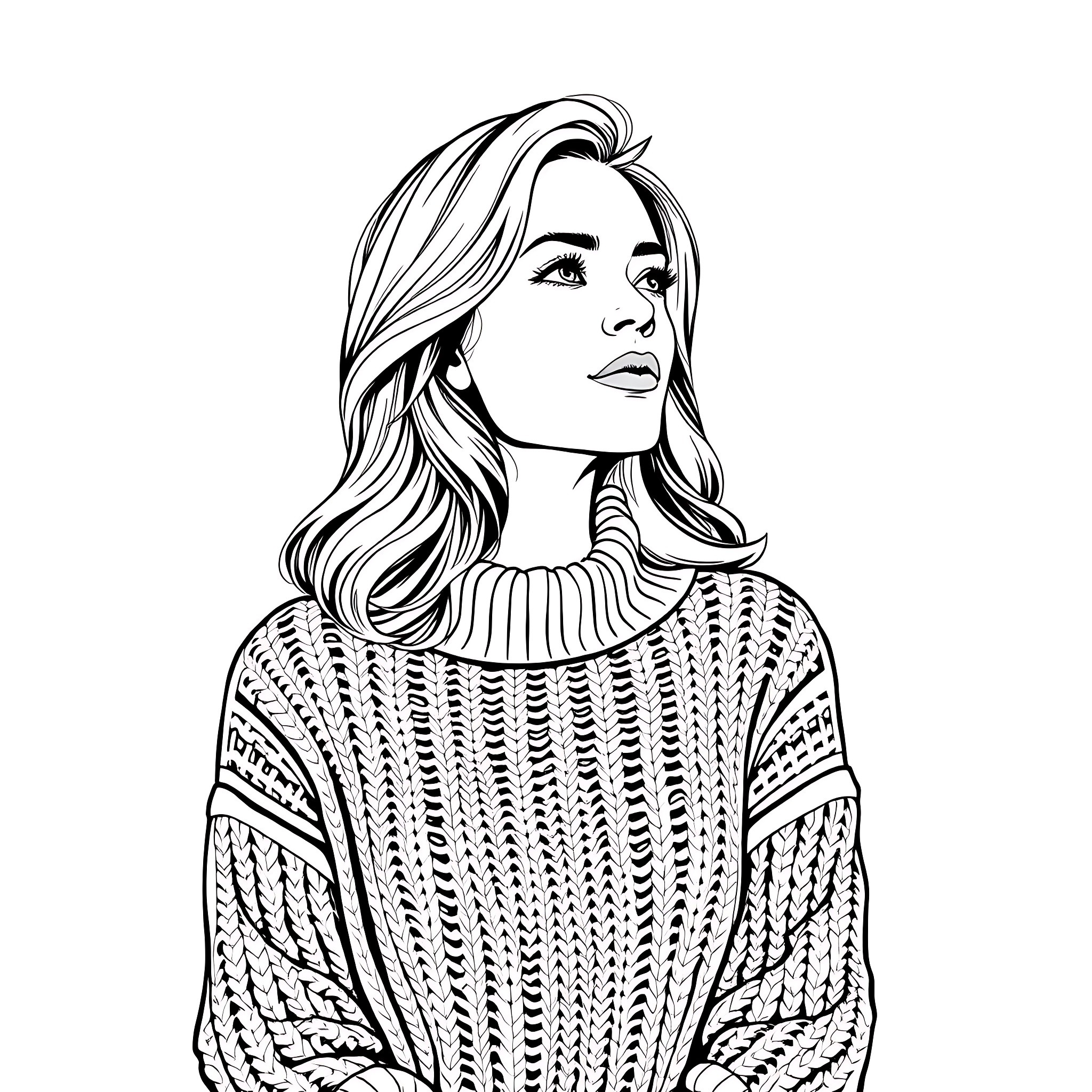 Woman in Warm Winter Sweater Coloring Page (free black-and-white line drawing printable PDF for all, from beginners to advanced learners, including children, teens, adults, and seniors)