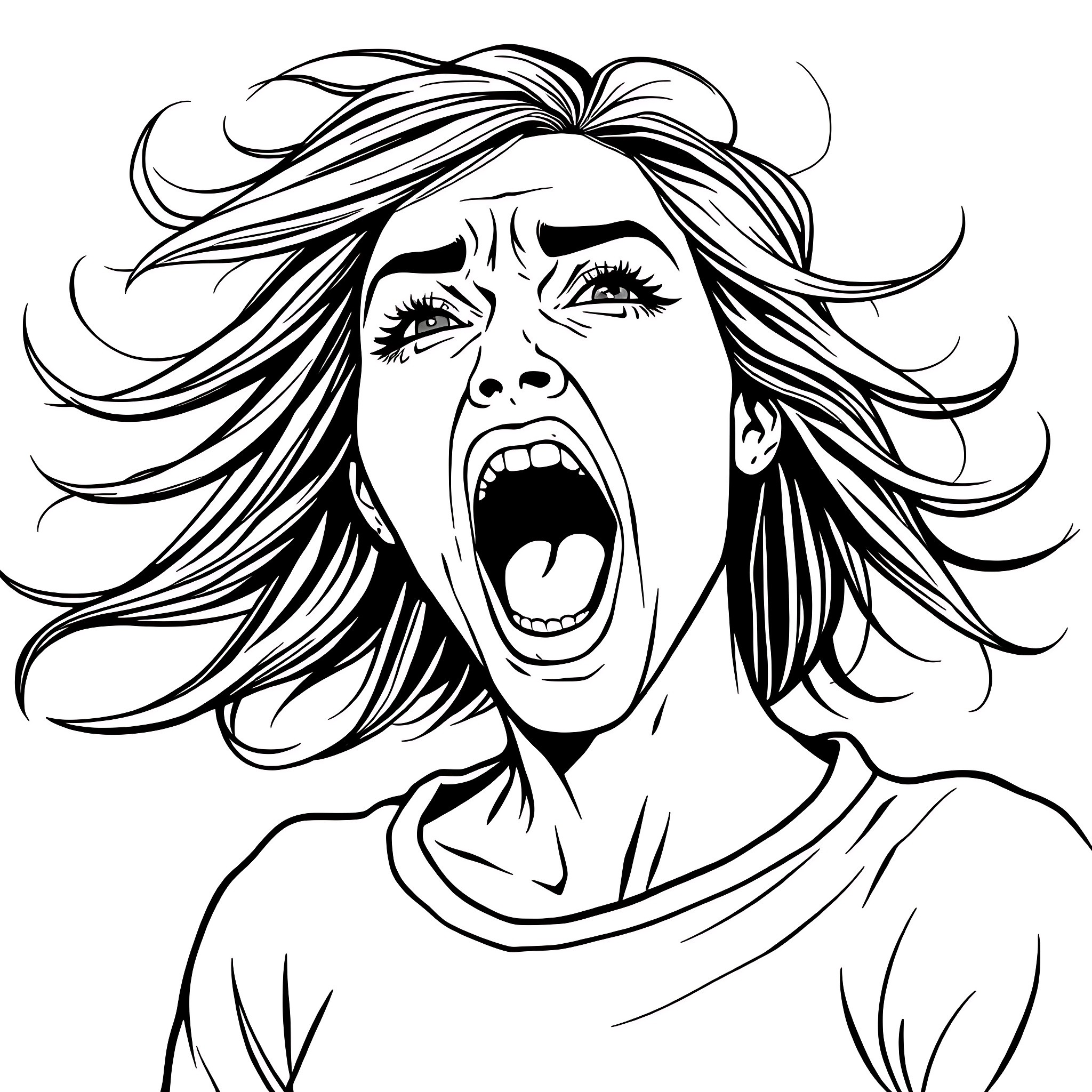 Woman Screaming in Distress Coloring Page (free black-and-white line drawing printable PDF for all, from beginners to advanced learners, including children, teens, adults, and seniors)