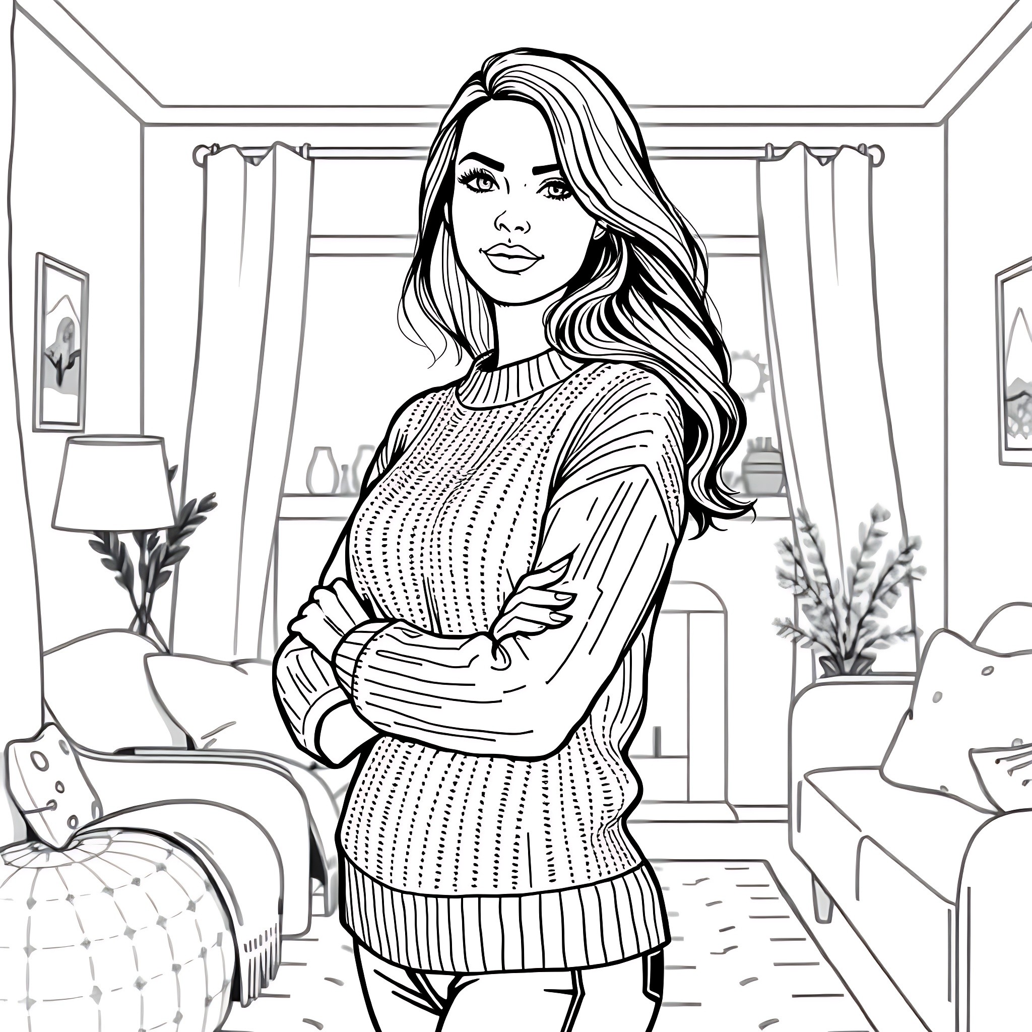Woman in sweater posing in cozy room Coloring Page (free black-and-white line drawing printable PDF for all, from beginners to advanced learners, including children, teens, adults, and seniors)