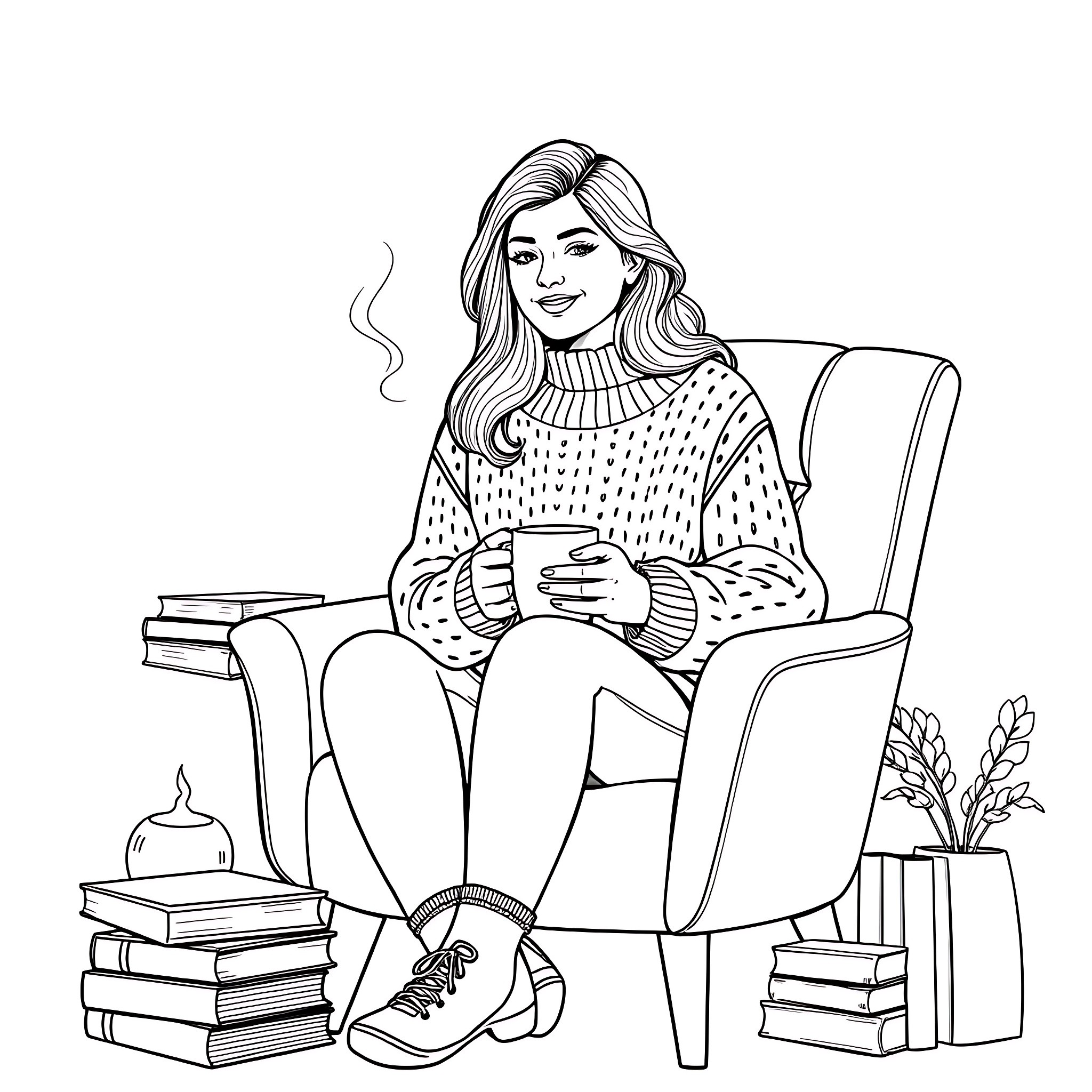 Woman relaxing in a cozy armchair with a cup of tea Coloring Page (free black-and-white line drawing printable PDF for all, from beginners to advanced learners, including children, teens, adults, and seniors)