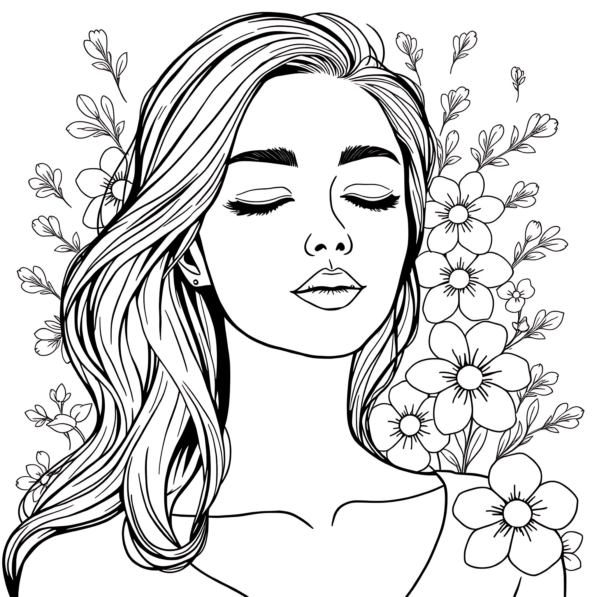 Woman with Flowing Hair Surrounded by Blooming Flowers Coloring Page (free black-and-white line drawing printable PDF for all, from beginners to advanced learners, including children, teens, adults, and seniors)