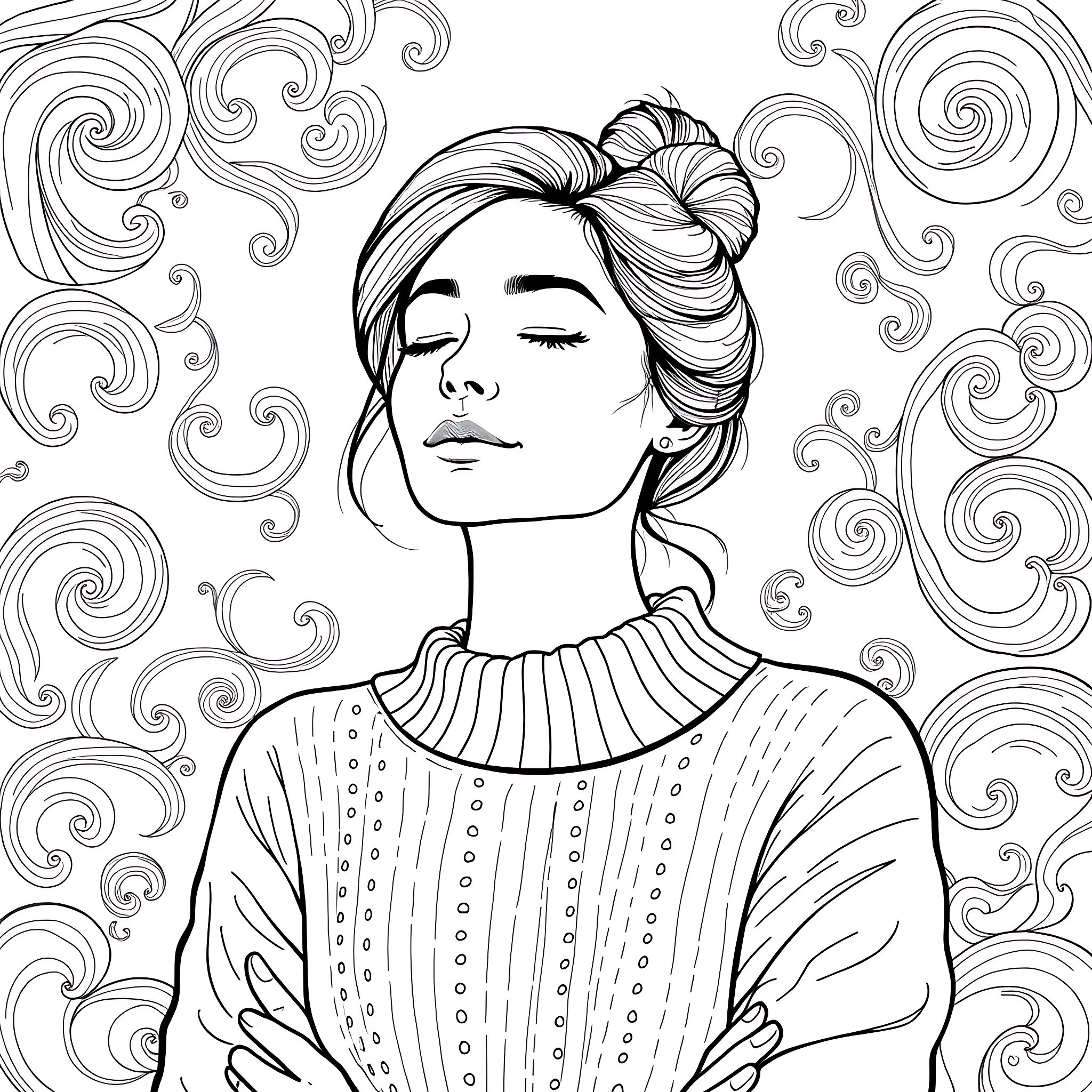 Woman lost in thought with elegant hairstyle Coloring Page (free black-and-white line drawing printable PDF for all, from beginners to advanced learners, including children, teens, adults, and seniors)