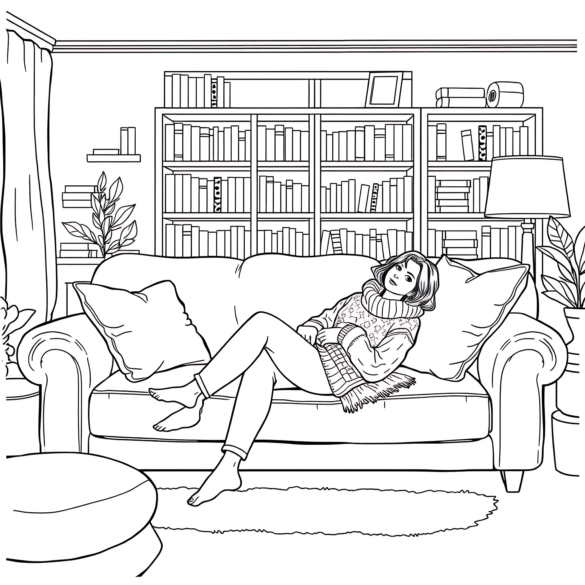 Woman relaxing comfortably on the couch in her living room Coloring Page (free black-and-white line drawing printable PDF for all, from beginners to advanced learners, including children, teens, adults, and seniors)