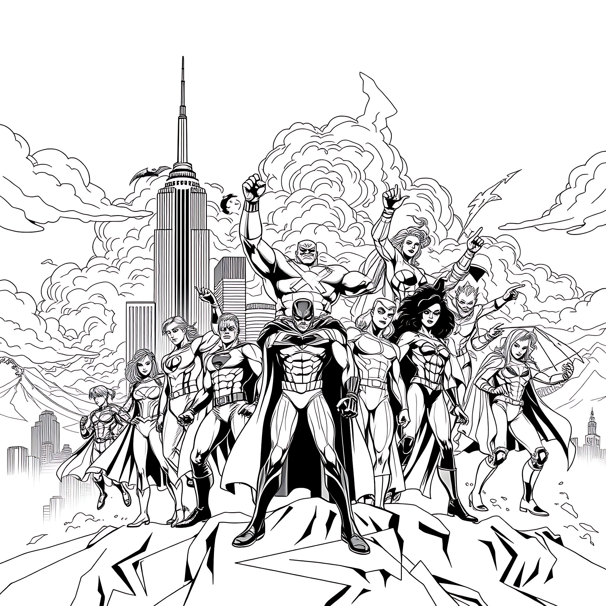 Superheroes Assemble in Epic City Scene Coloring Page (free black-and-white line drawing printable PDF for all, from beginners to advanced learners, including children, teens, adults, and seniors)