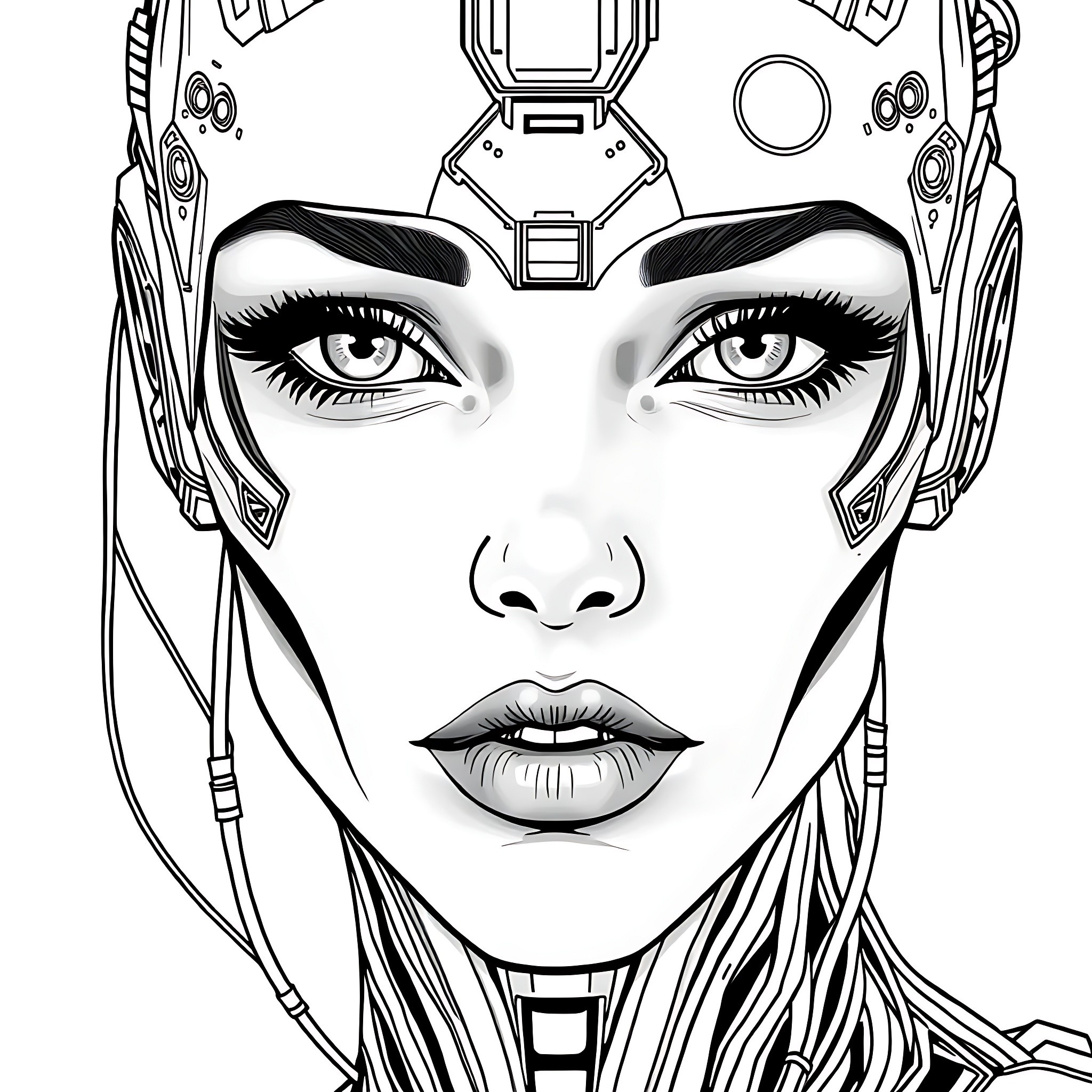 Woman with futuristic cyborg-like headpiece Coloring Page (free black-and-white line drawing printable PDF for all, from beginners to advanced learners, including children, teens, adults, and seniors)