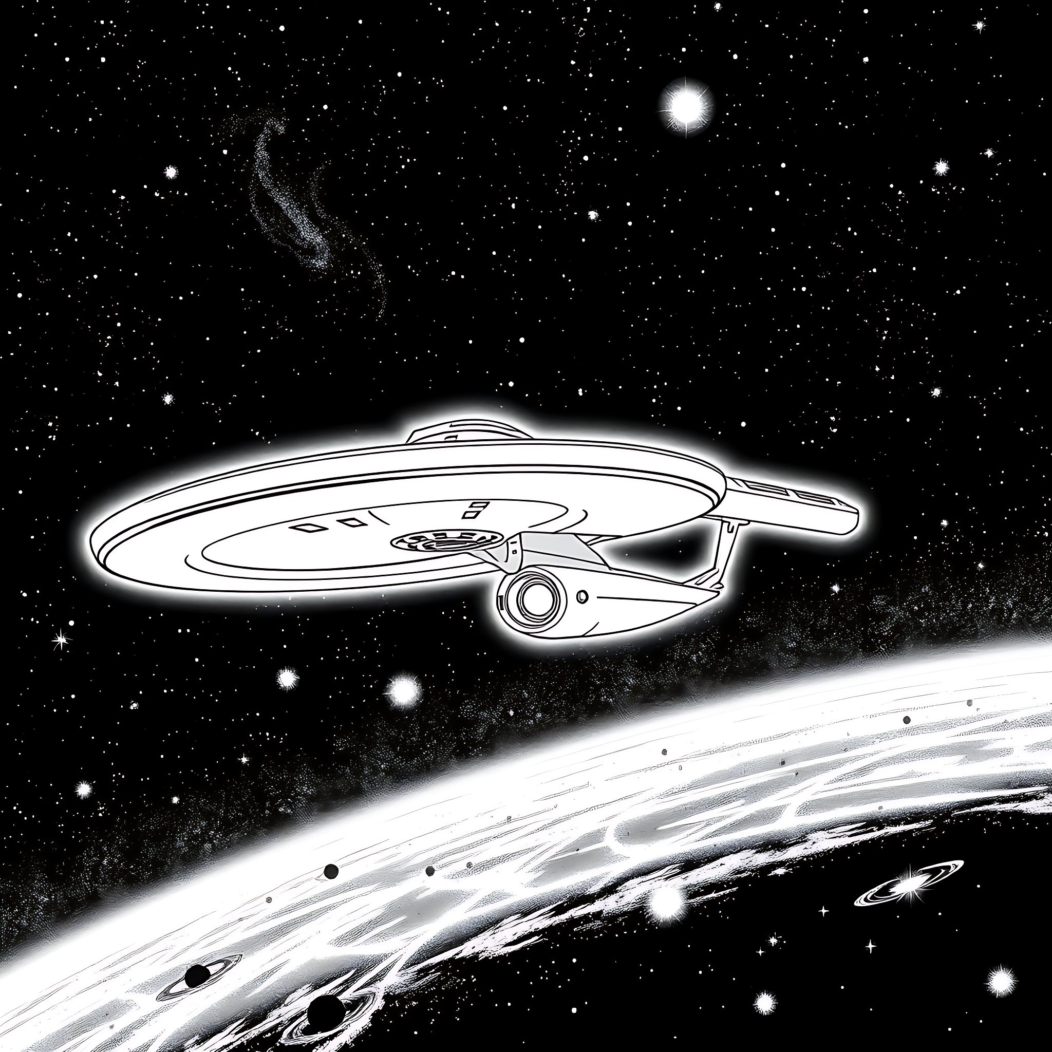 Star Ship cruising through the cosmic void Coloring Page (free black-and-white line drawing printable PDF for all, from beginners to advanced learners, including children, teens, adults, and seniors)