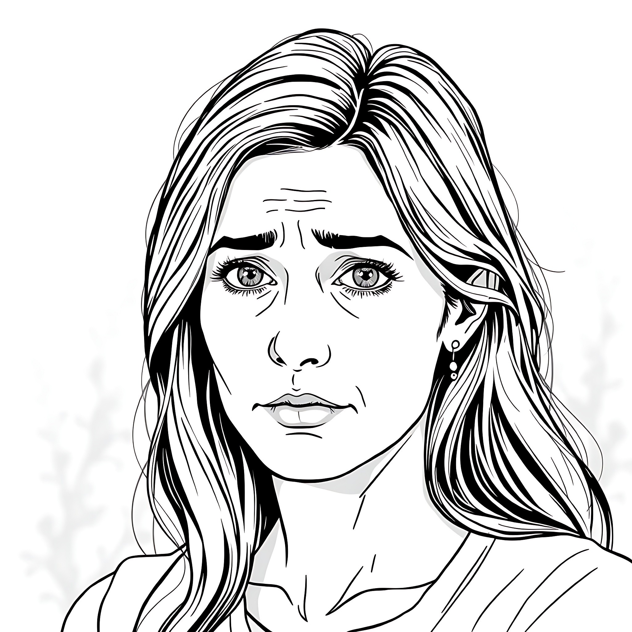 Woman with thoughtful expression and long hair Coloring Page (free black-and-white line drawing printable PDF for all, from beginners to advanced learners, including children, teens, adults, and seniors)