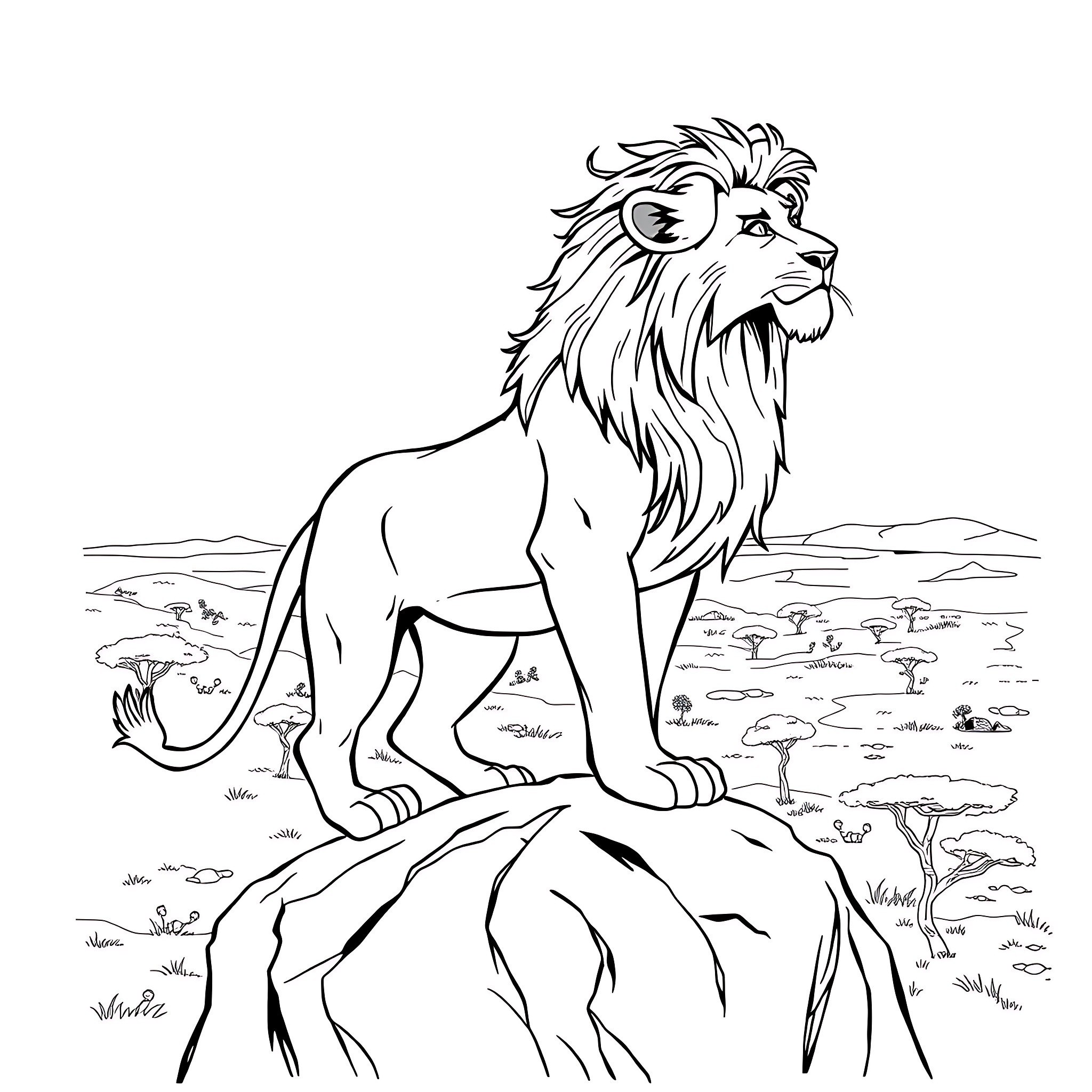 Simba, the Majestic Lion Surveys His Domain Coloring Page (free black-and-white line drawing printable PDF for all, from beginners to advanced learners, including children, teens, adults, and seniors)