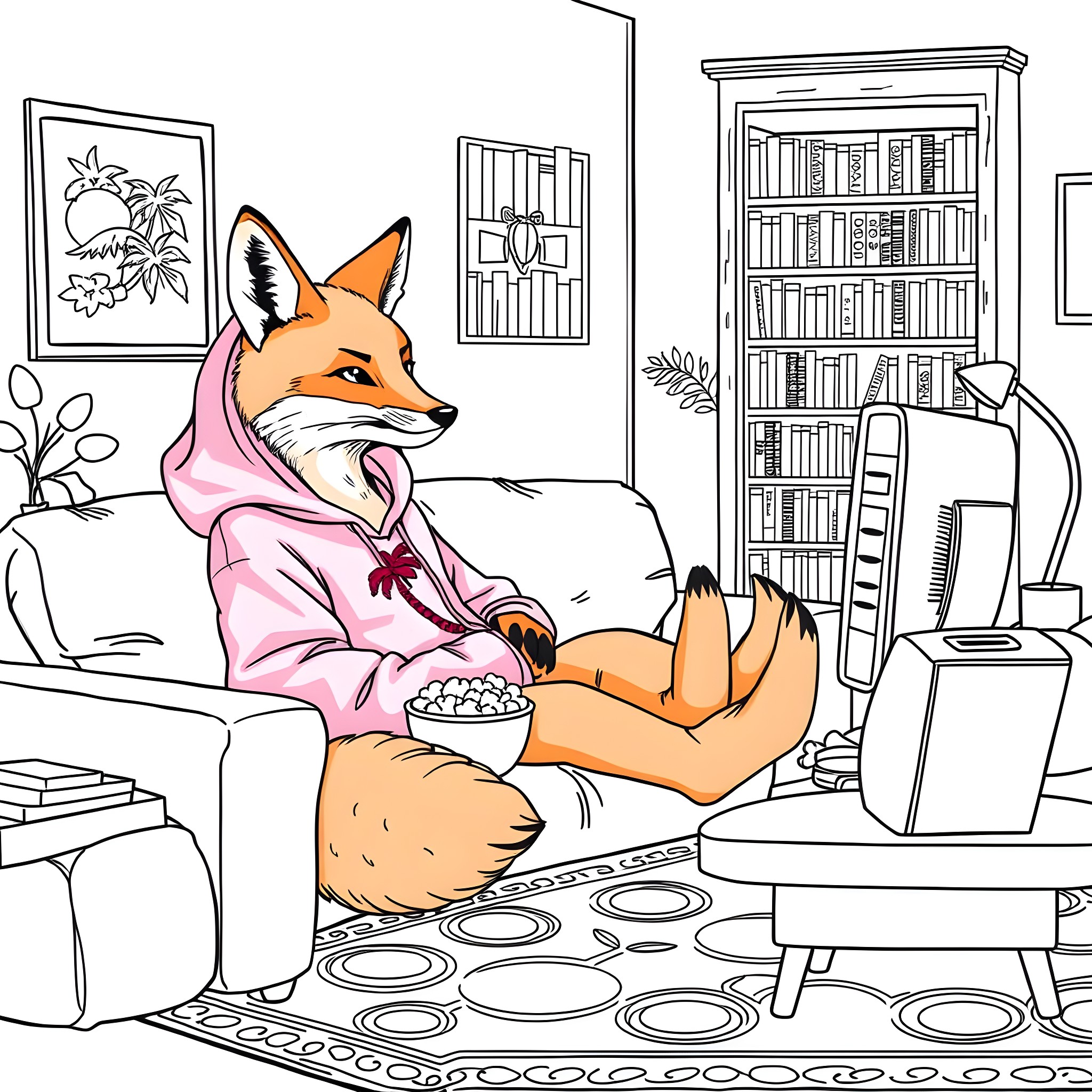 Fox relaxing comfortably in cozy home Coloring Page (free black-and-white line drawing printable PDF for all, from beginners to advanced learners, including children, teens, adults, and seniors)