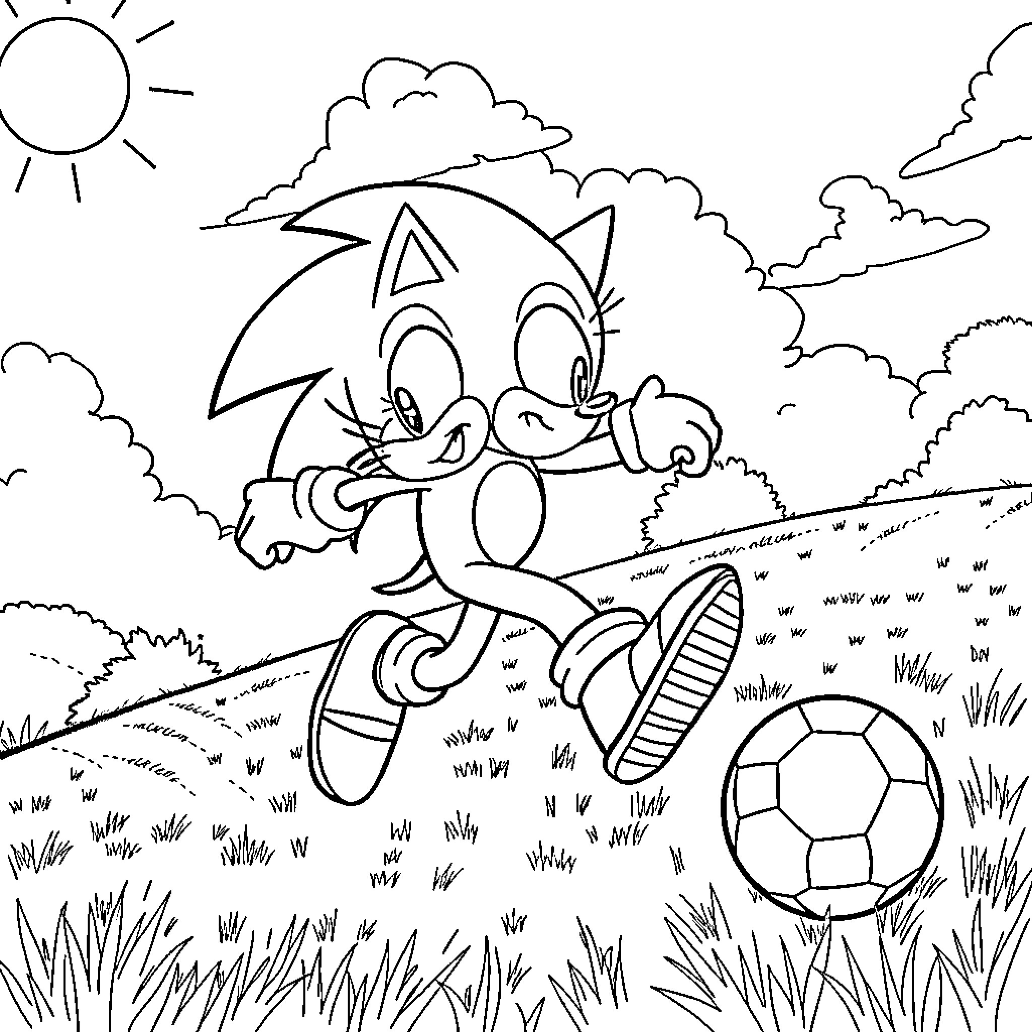 Sonic kicking a soccer ball in the countryside Coloring Page (free black-and-white line drawing printable PDF for all, from beginners to advanced learners, including children, teens, adults, and seniors)