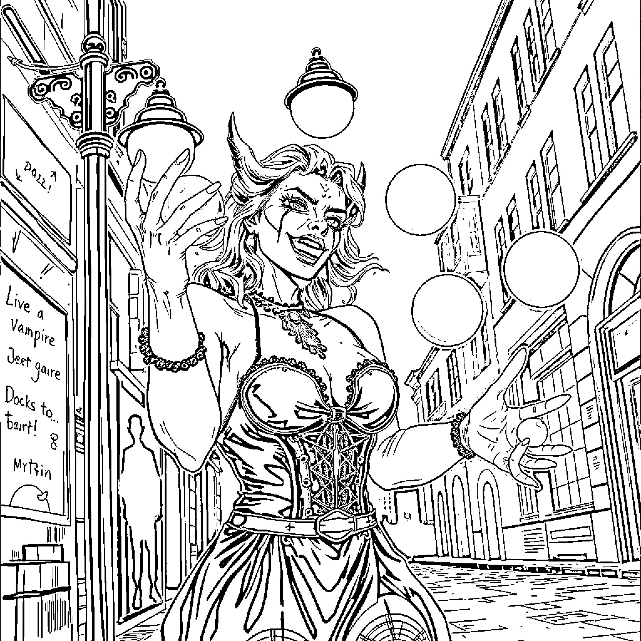 Vampire woman in extravagant outfit on city street Coloring Page (free black-and-white line drawing printable PDF for all, from beginners to advanced learners, including children, teens, adults, and seniors)