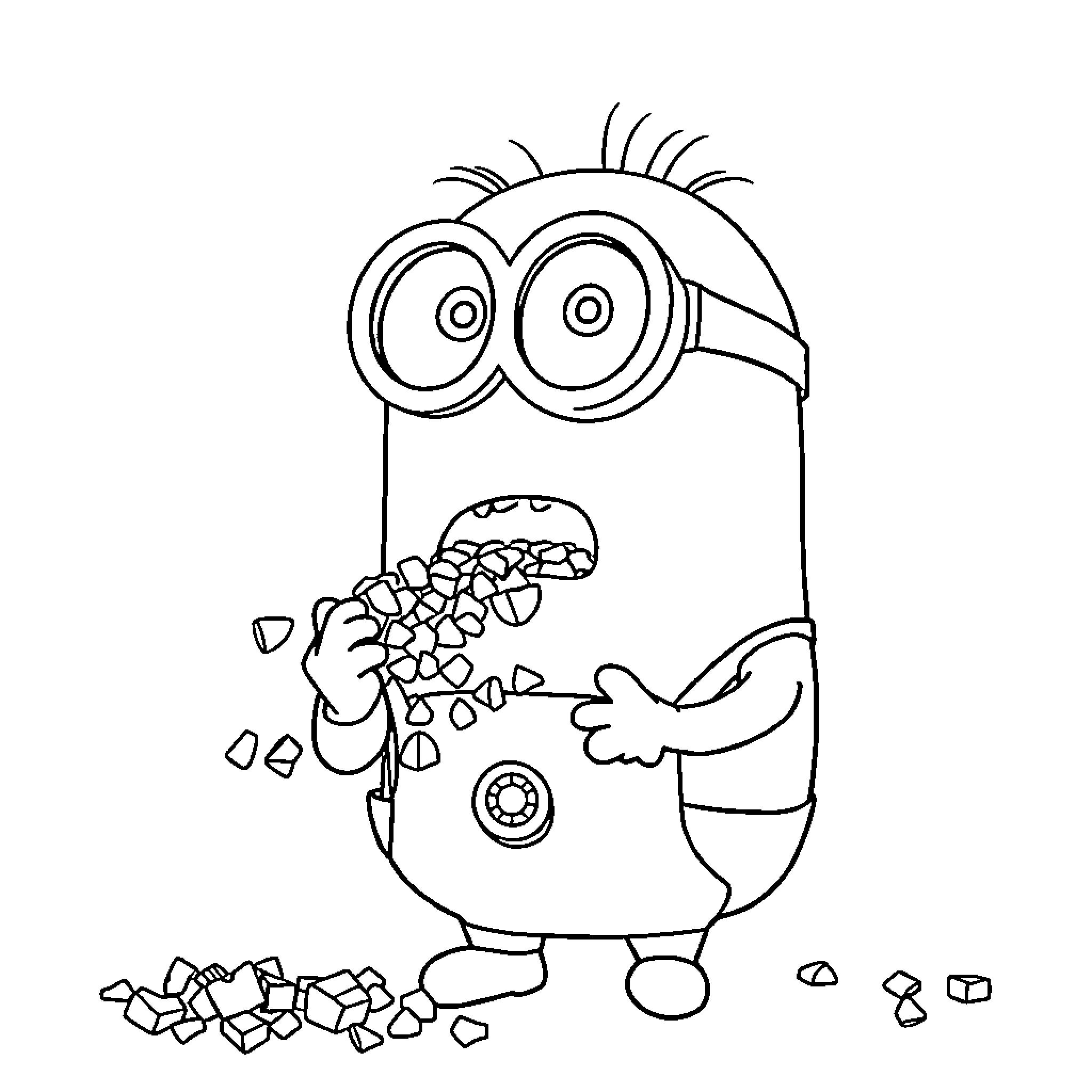 Minion enjoying a snack with spilled food Coloring Page (free black-and-white line drawing printable PDF for all, from beginners to advanced learners, including children, teens, adults, and seniors)