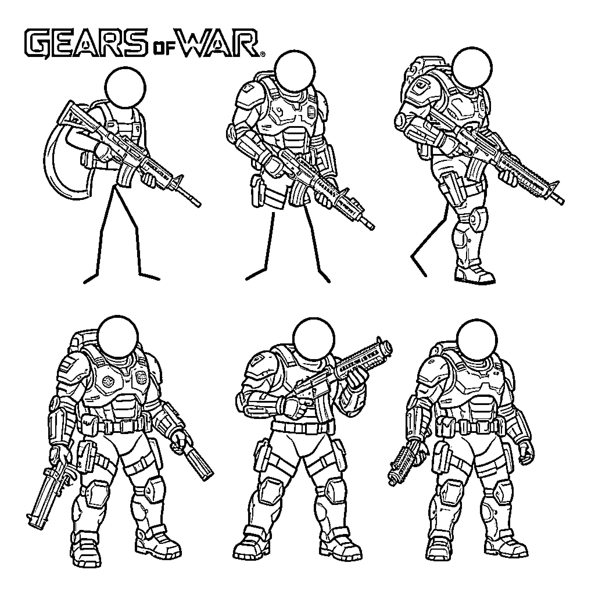 Gears of War: Armored Soldiers in Combat Poses Coloring Page (free black-and-white line drawing printable PDF for all, from beginners to advanced learners, including children, teens, adults, and seniors)