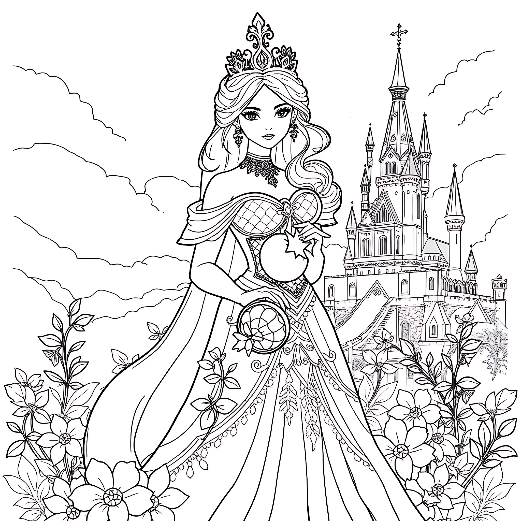 Princess in a Magical Castle Garden Coloring Page (free black-and-white line drawing printable PDF for all, from beginners to advanced learners, including children, teens, adults, and seniors)