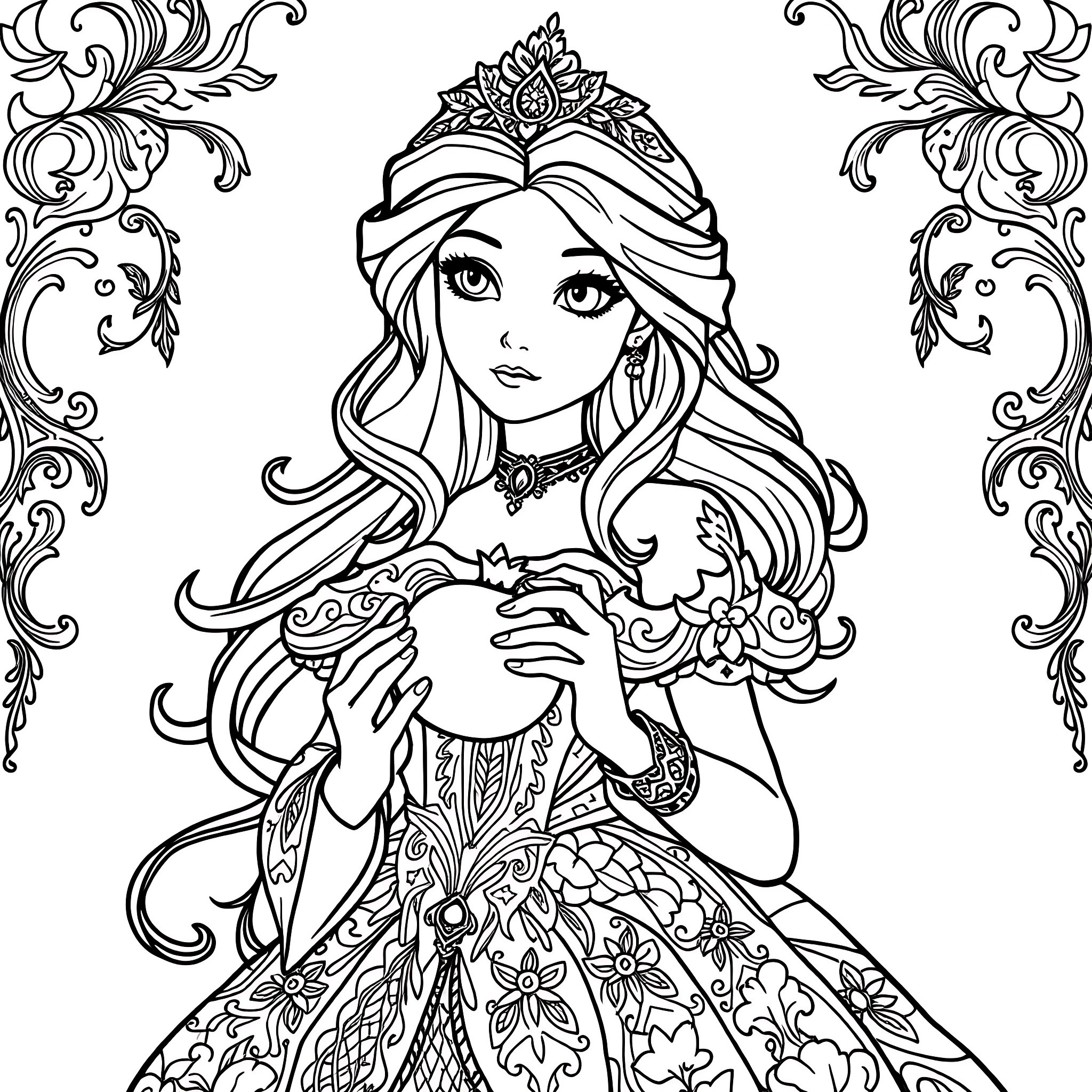 Princess in Ornate Dress and Crown Coloring Page (free black-and-white line drawing printable PDF for all, from beginners to advanced learners, including children, teens, adults, and seniors)