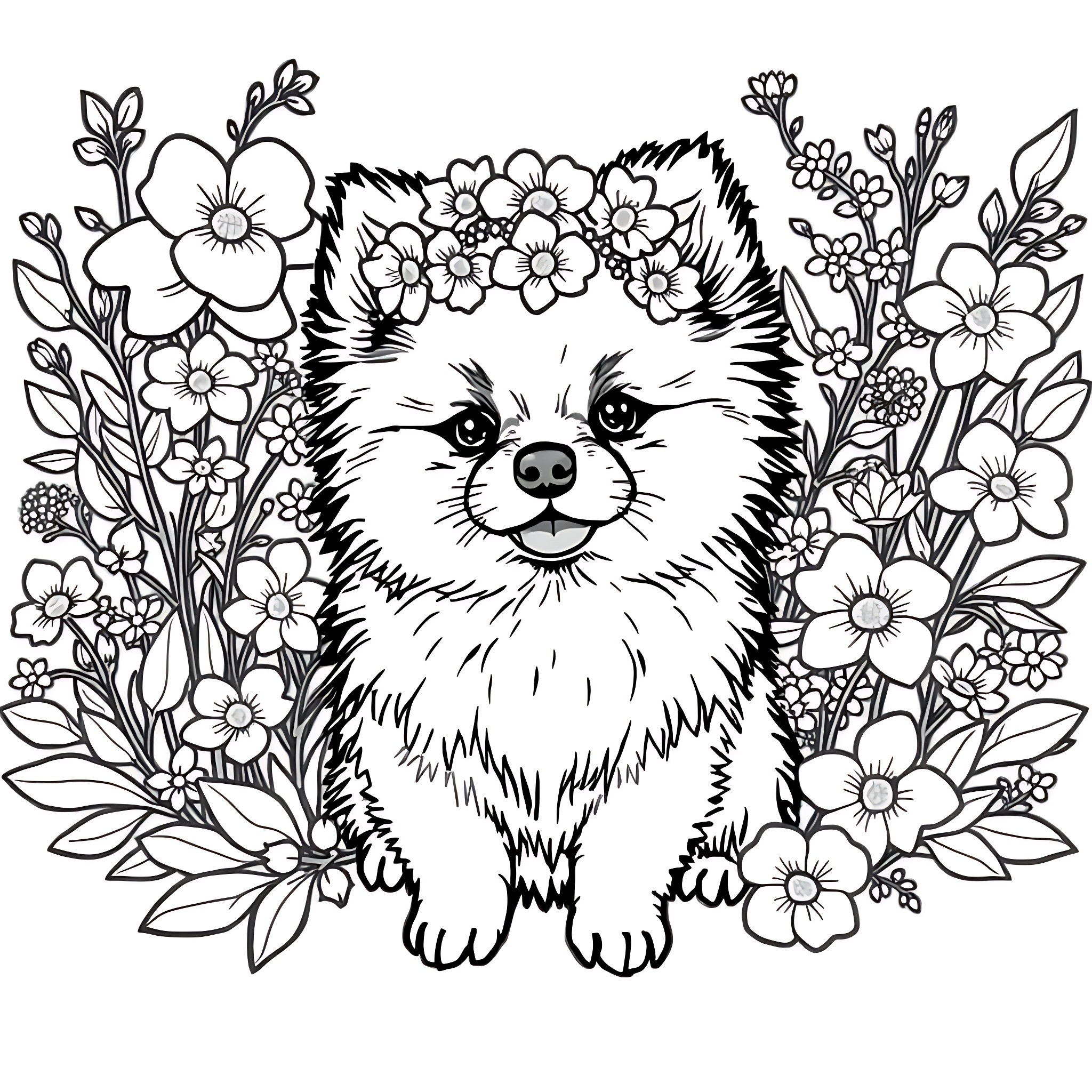 Pomeranian amidst a floral field of flowers Coloring Page (free black-and-white line drawing printable PDF for all, from beginners to advanced learners, including children, teens, adults, and seniors)