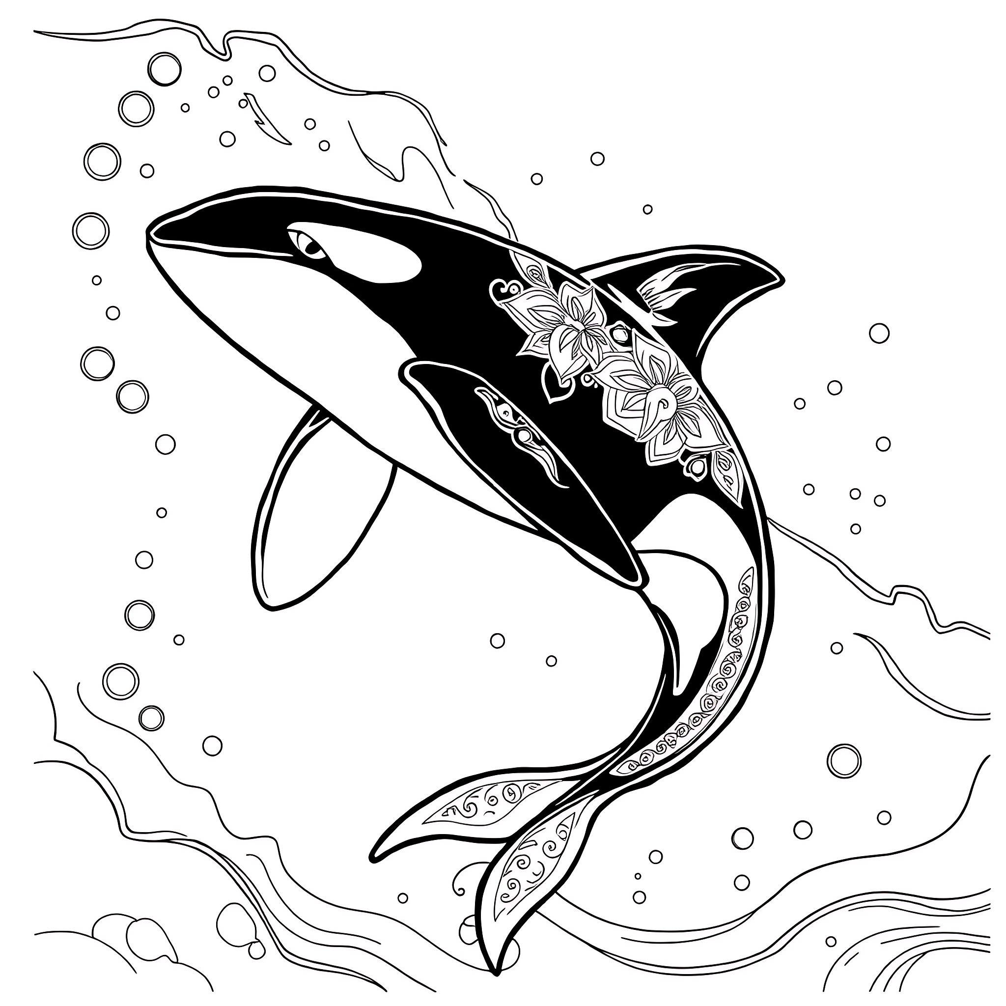 Orca swimming gracefully with floral accents Coloring Page (free black-and-white line drawing printable PDF for all, from beginners to advanced learners, including children, teens, adults, and seniors)