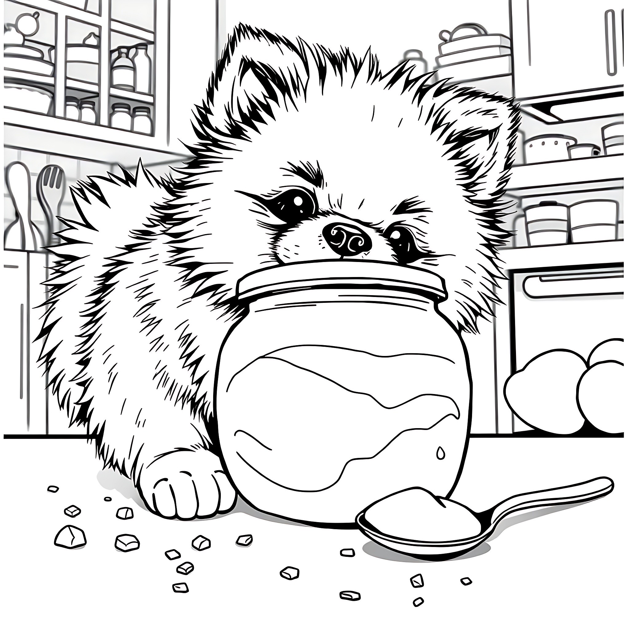 Pomeranian Enjoying Snacks in the Kitchen Coloring Page (free black-and-white line drawing printable PDF for all, from beginners to advanced learners, including children, teens, adults, and seniors)