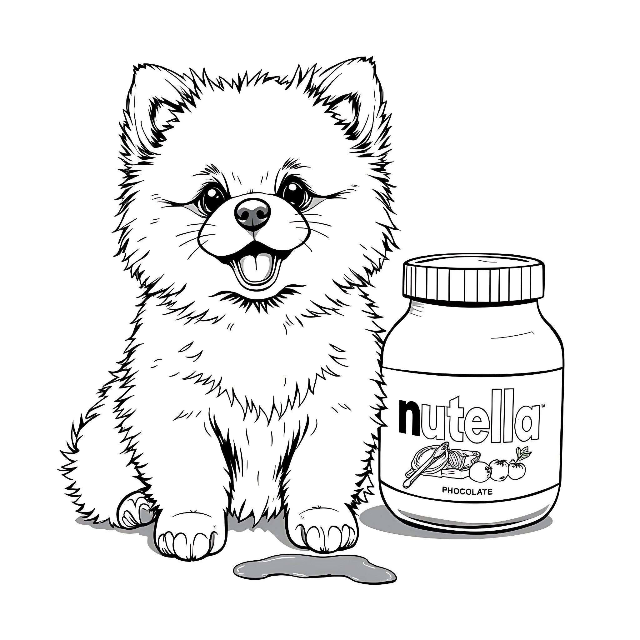 Pomeranian dog with Nutella jar Coloring Page (free black-and-white line drawing printable PDF for all, from beginners to advanced learners, including children, teens, adults, and seniors)