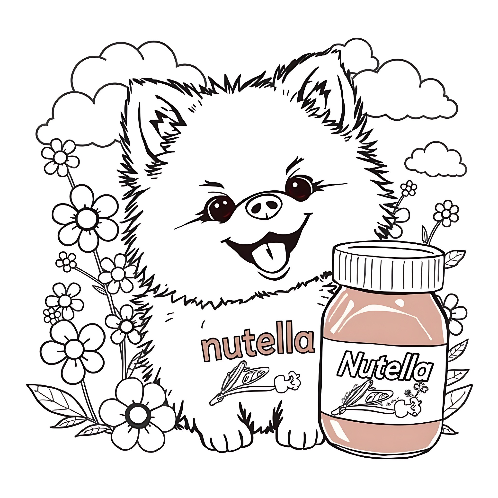 Pomeranian dog admiring a jar of Nutella Coloring Page (free black-and-white line drawing printable PDF for all, from beginners to advanced learners, including children, teens, adults, and seniors)