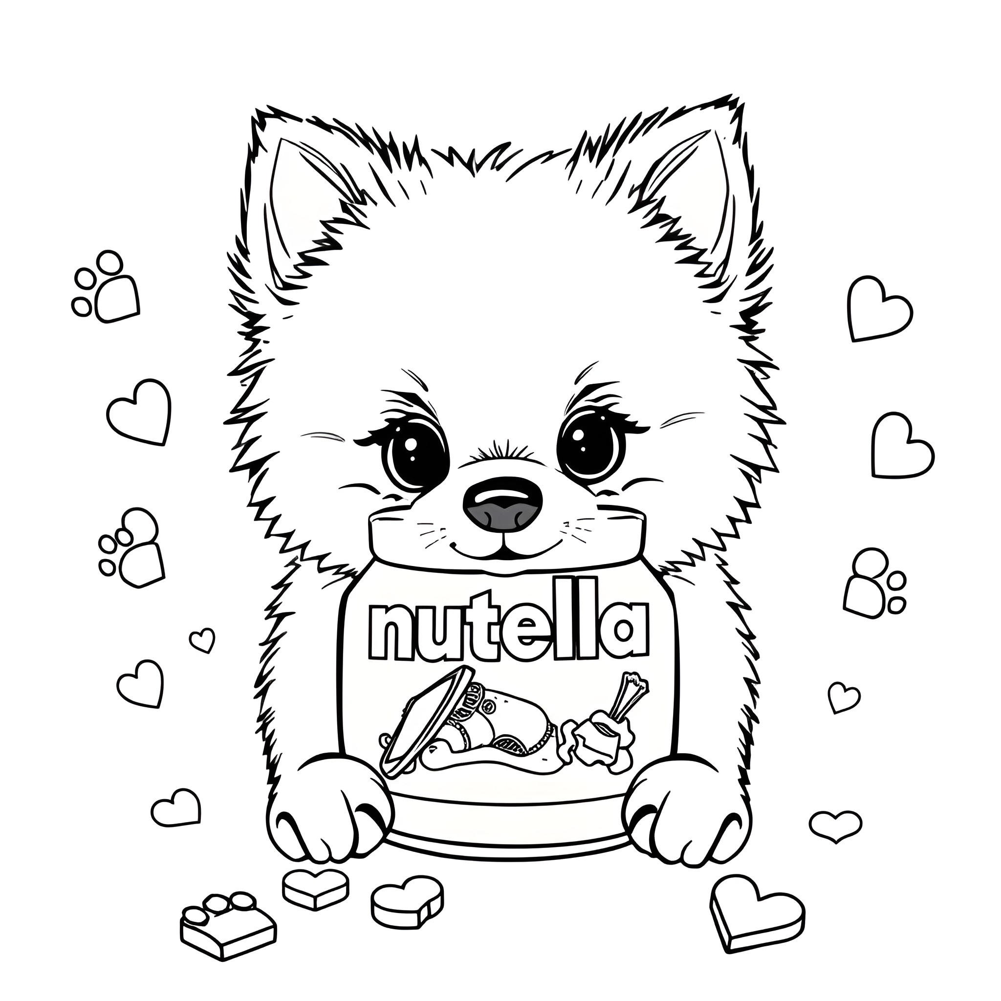 Pomeranian puppy holding a jar of Nutella Coloring Page (free black-and-white line drawing printable PDF for all, from beginners to advanced learners, including children, teens, adults, and seniors)
