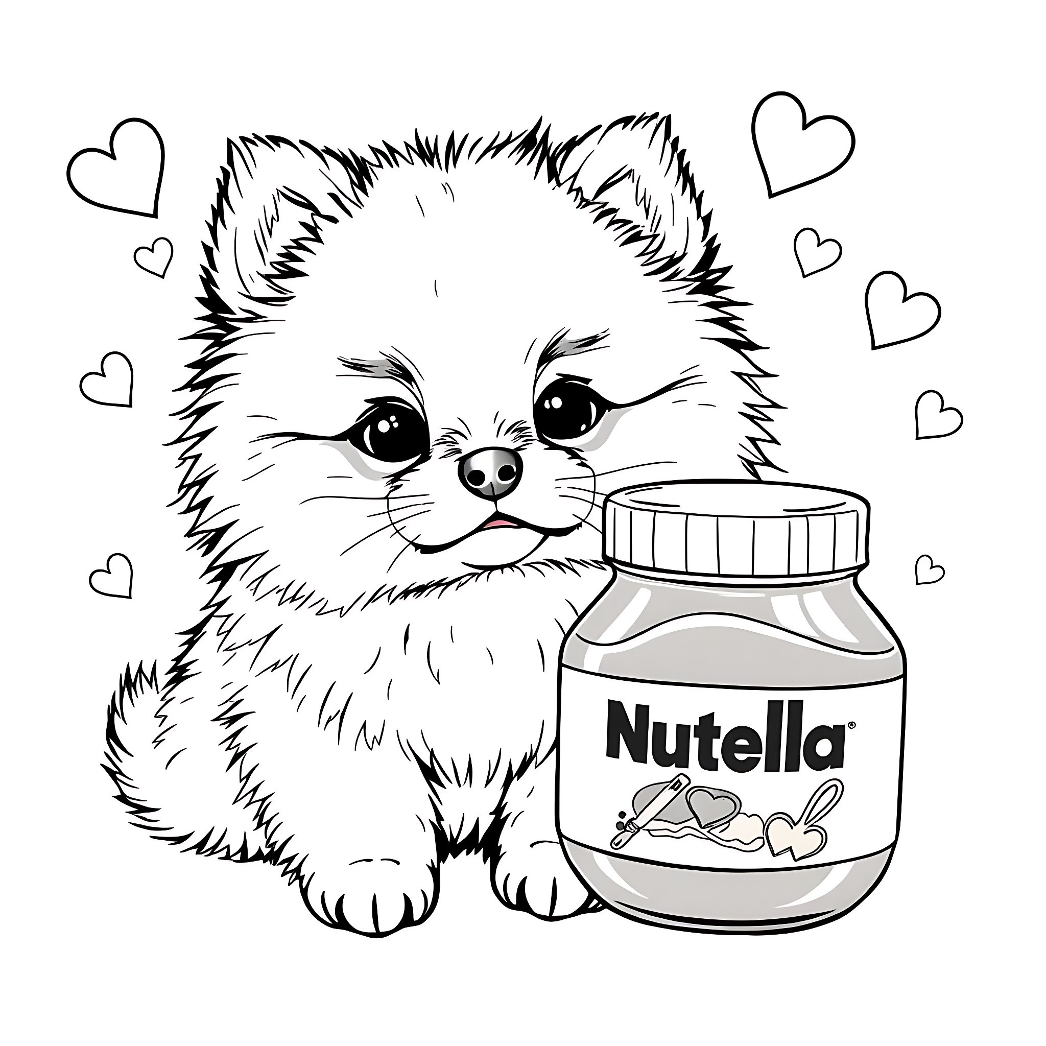 Pomeranian puppy with Nutella jar Coloring Page (free black-and-white line drawing printable PDF for all, from beginners to advanced learners, including children, teens, adults, and seniors)