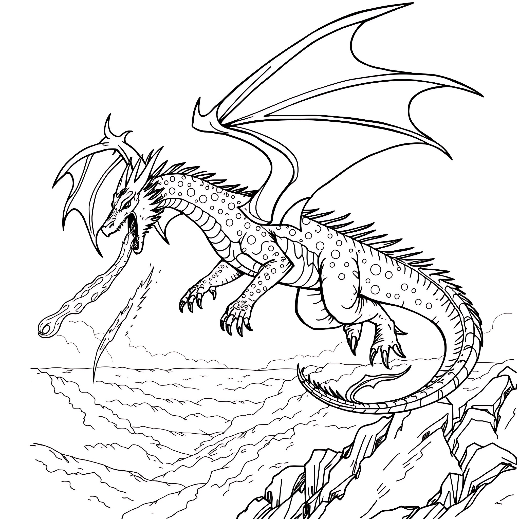 Dragon soaring majestically over a rugged landscape Coloring Page (free black-and-white line drawing printable PDF for all, from beginners to advanced learners, including children, teens, adults, and seniors)