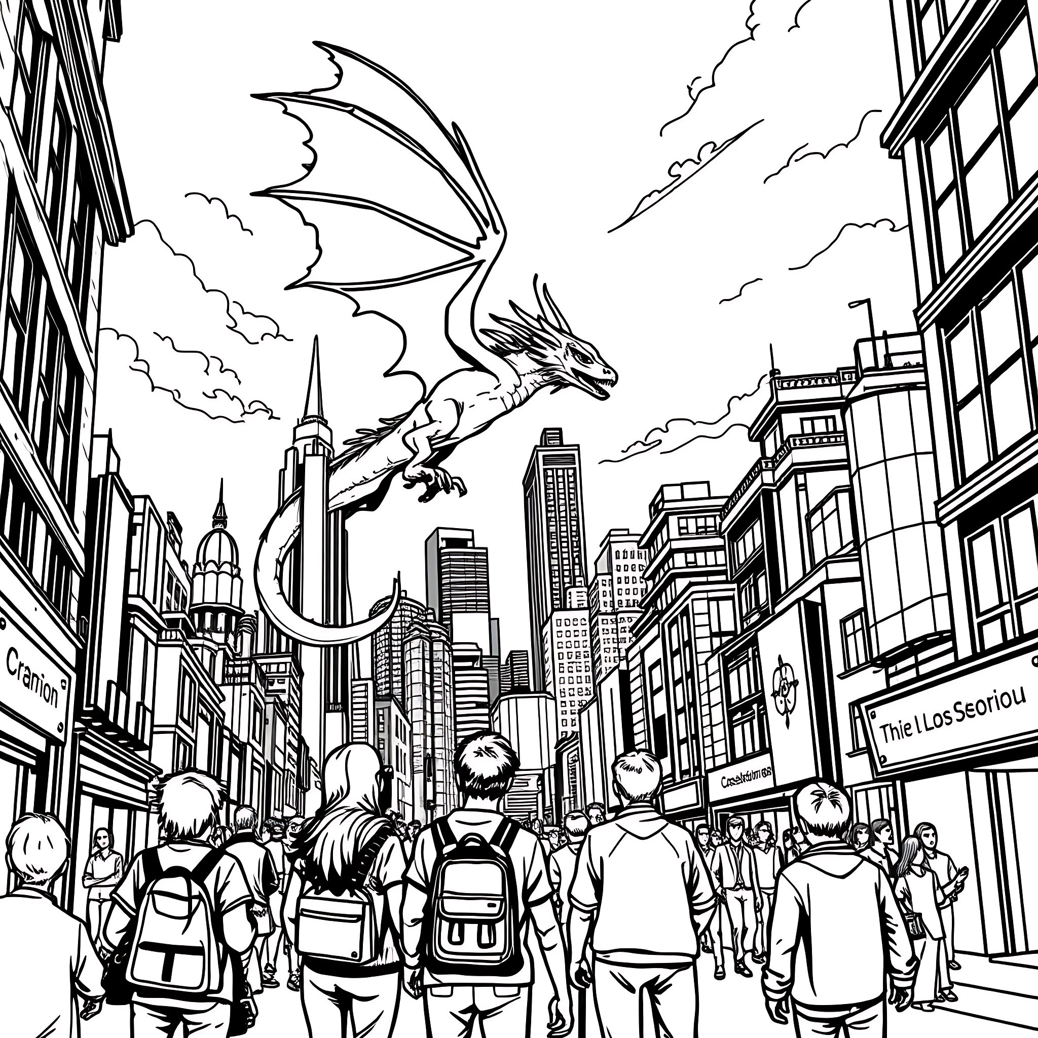 Dragon soars over the bustling city streets Coloring Page (free black-and-white line drawing printable PDF for all, from beginners to advanced learners, including children, teens, adults, and seniors)