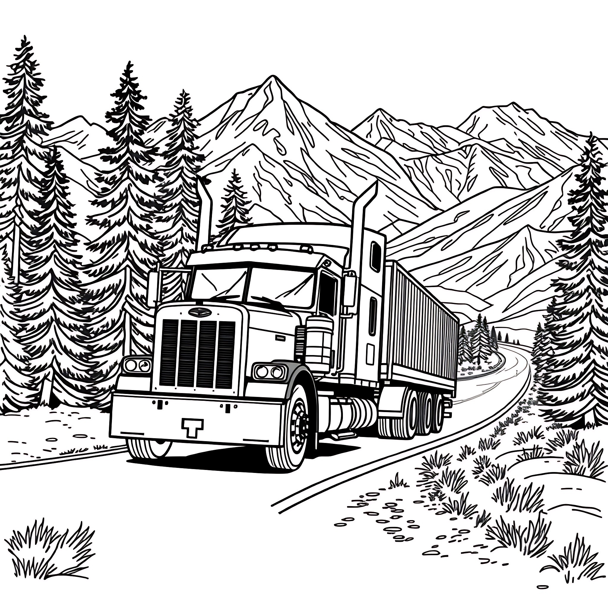 Truck Delivering Cargo Through Mountainous Landscape Coloring Page (free black-and-white line drawing printable PDF for all, from beginners to advanced learners, including children, teens, adults, and seniors)