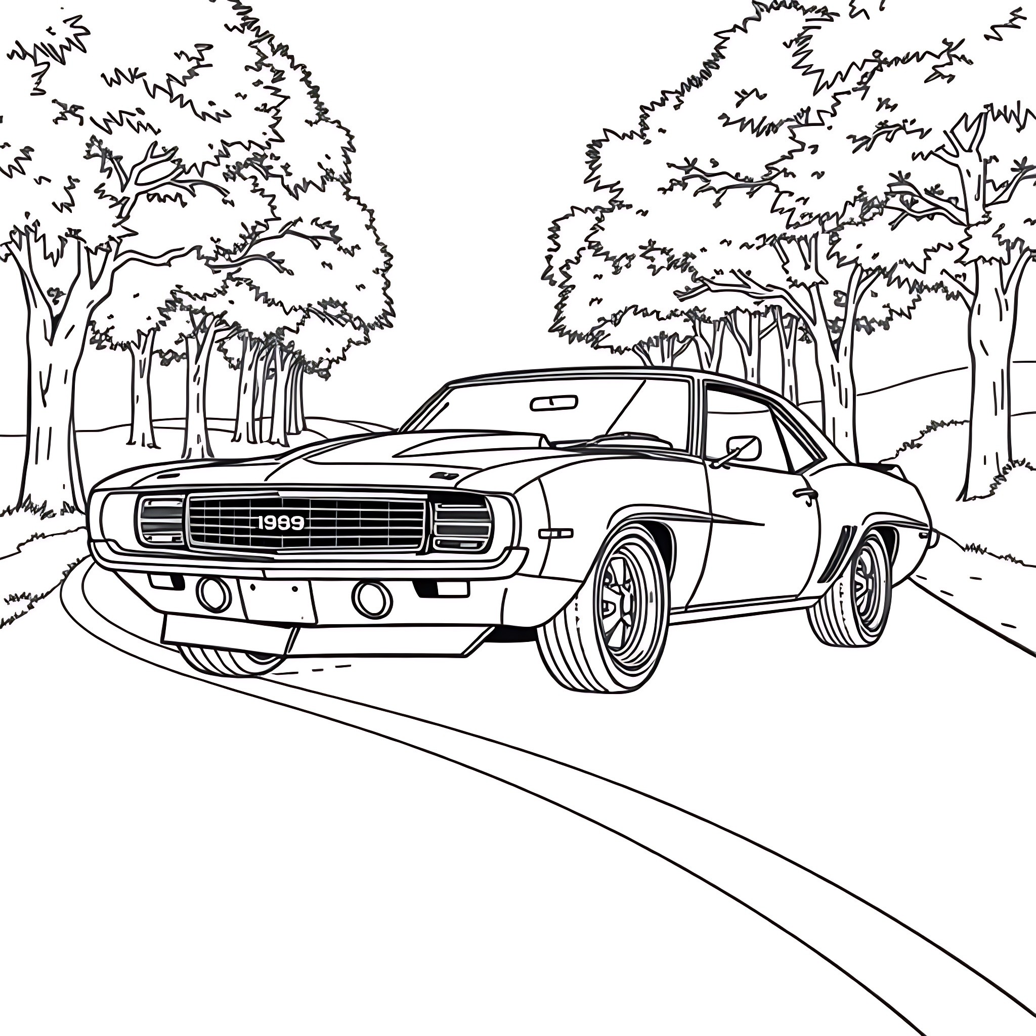 Camaro muscle car in forest landscape Coloring Page (free black-and-white line drawing printable PDF for all, from beginners to advanced learners, including children, teens, adults, and seniors)