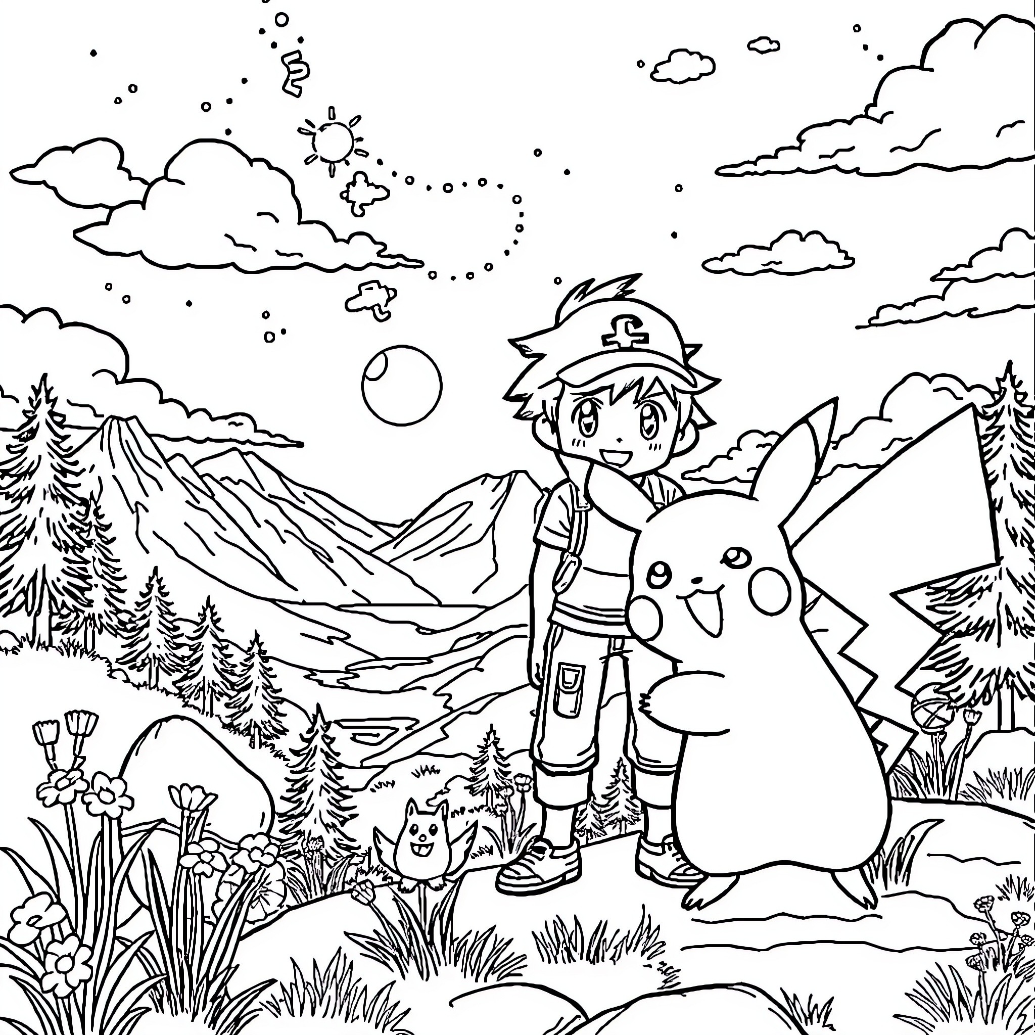 Ash's Outdoor Adventure with Pikachu Coloring Page (free black-and-white line drawing printable PDF for all, from beginners to advanced learners, including children, teens, adults, and seniors)