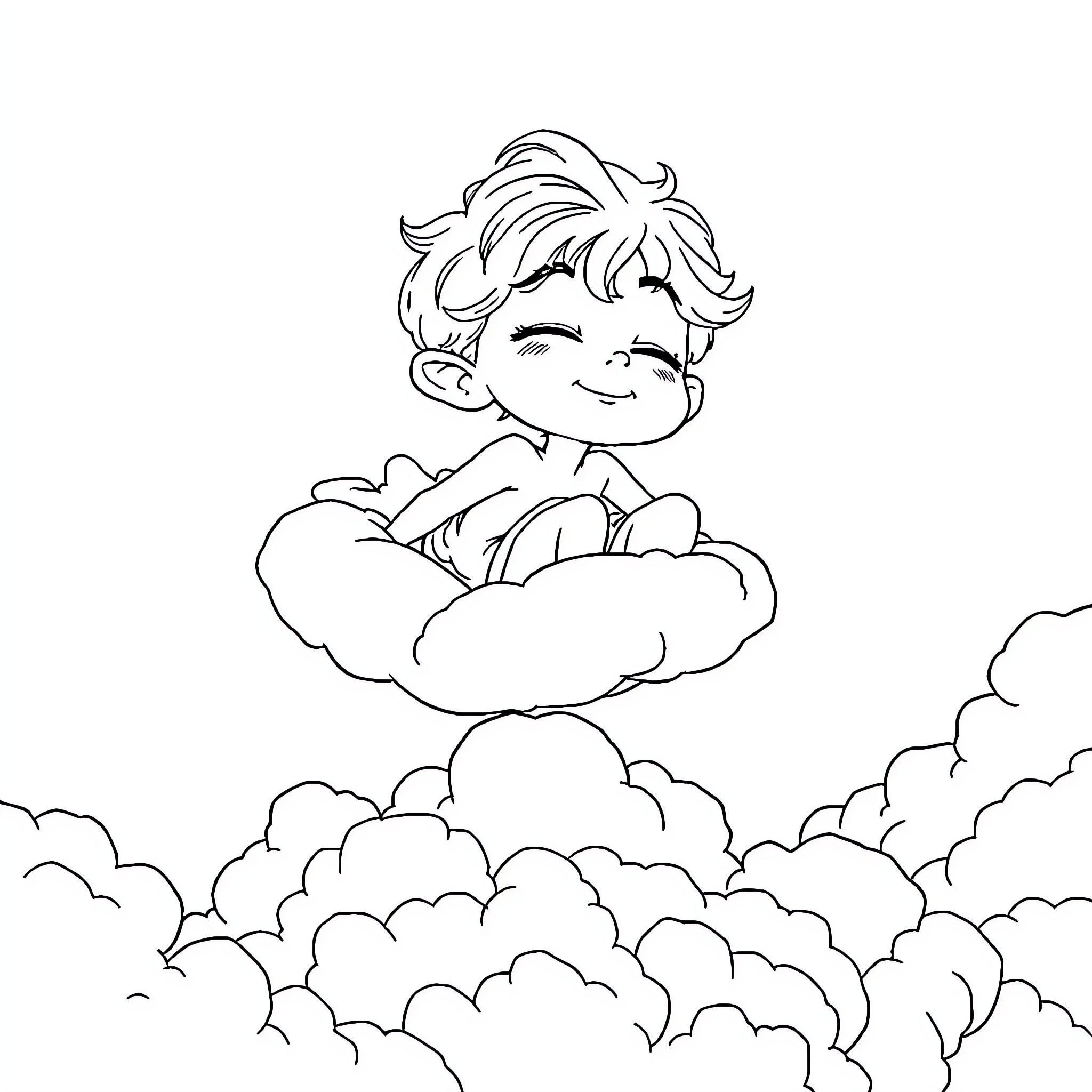 Boy Daydreaming Peacefully on the Clouds Coloring Page (free black-and-white line drawing printable PDF for all, from beginners to advanced learners, including children, teens, adults, and seniors)