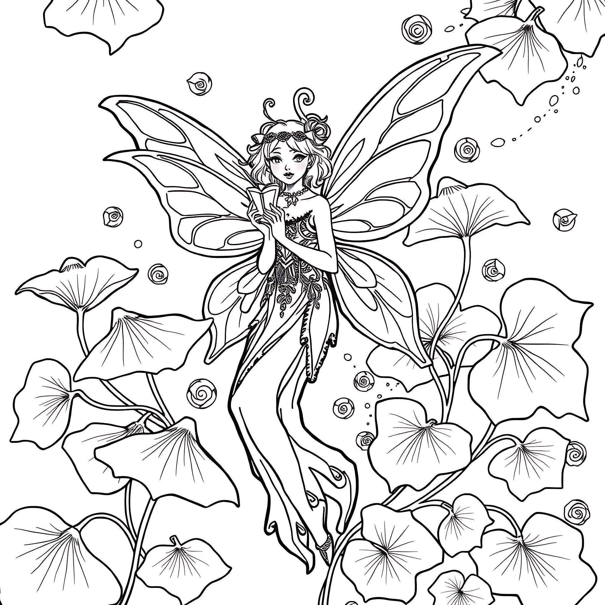 Fairy dancing gracefully among enchanting blossoms Coloring Page (free black-and-white line drawing printable PDF for all, from beginners to advanced learners, including children, teens, adults, and seniors)